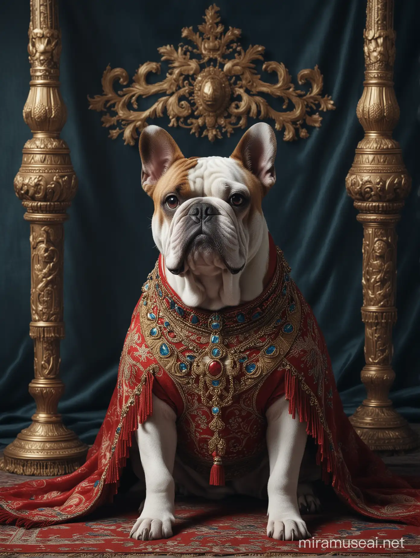The Regal Bull Dog.

Prompt:

Full-length Photo, Shot on Hasselblad: velvet silk & satin, vibrant colors and hues, detailed texture-rich materials a regal anthropomorphic bulldog warrior's portrait with a proud brave expression, smoking a cigar in his mouth while looking out a window posing, adorned with luxuriously embroidered fabrics and intricate garments, standing on a luxurious carpet, light and shadows, a minimalistic background with a rich dark tone fine details & texture-rich fabrics royal Red & Blue, ornate jewelry and delicate fringes with tassels, opulence and exoticism in the style of tim flach art
:: illustration, cartoon, painting, drawing, blemishes::-0.7 
vivid photo, lighting::0.7 
--v 6.0 --style raw --s 110 --ar 4:5