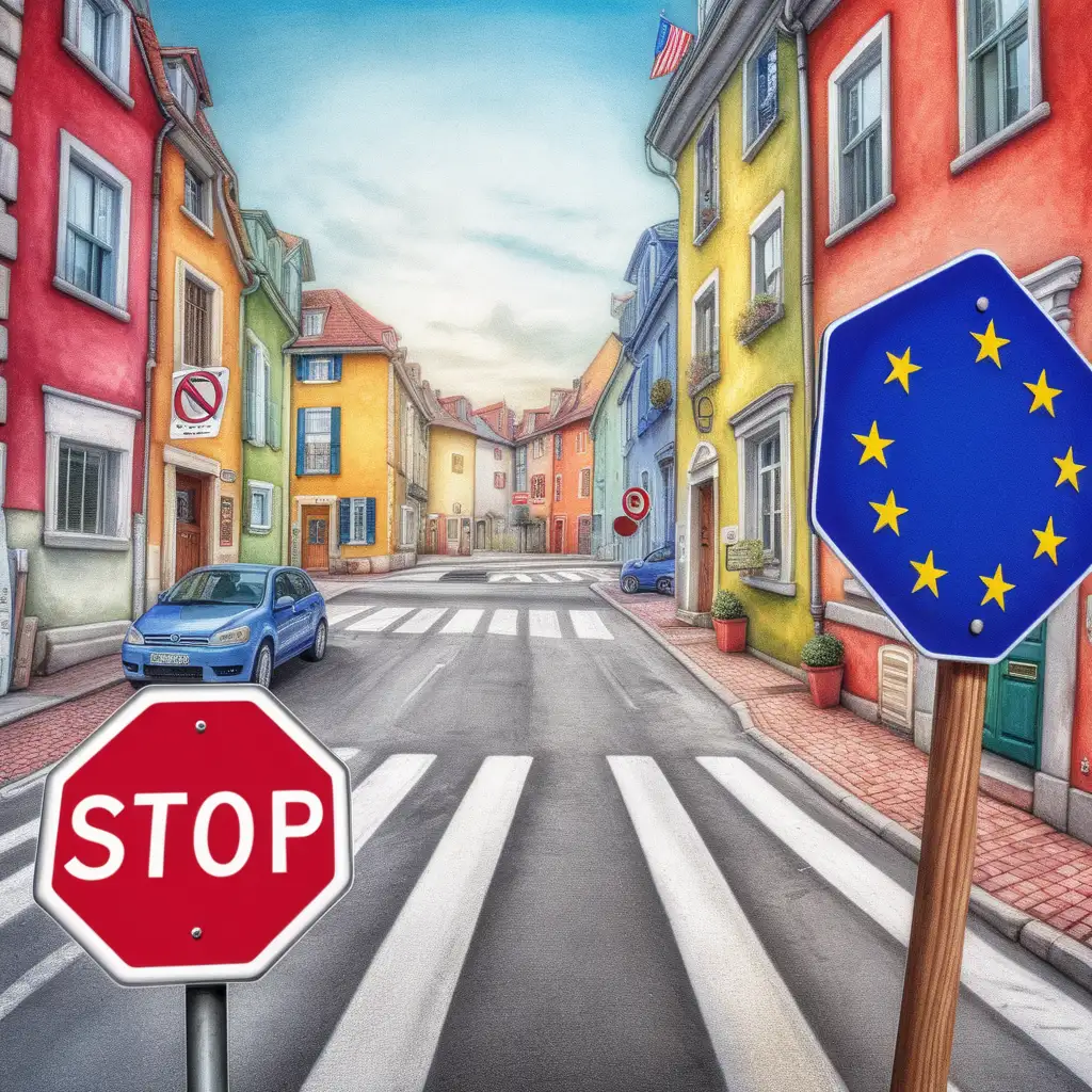 Create a vivid image of stop signs and a EU flag in the background. The image must be in the style of Matt Wuerker. 