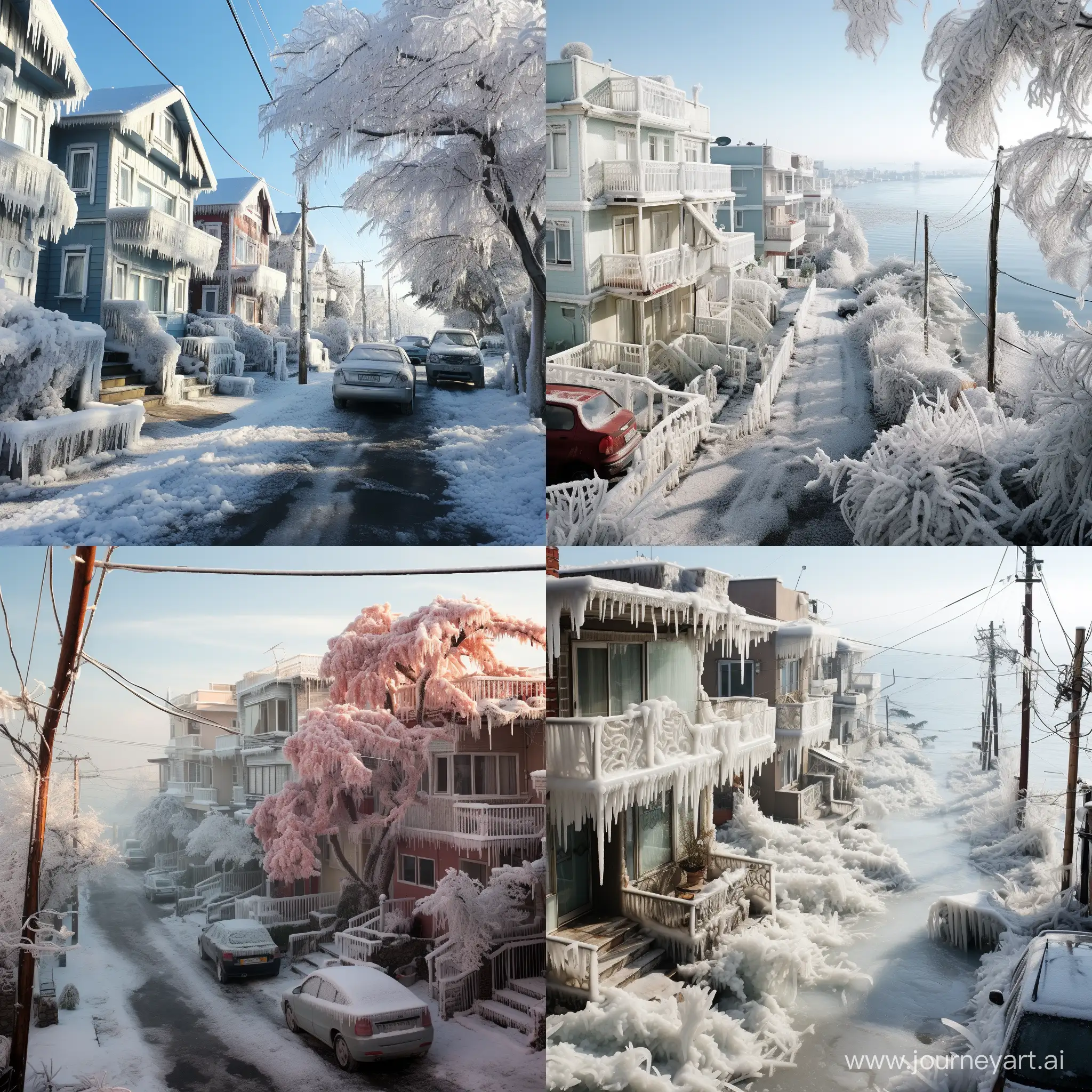 istanbul maltepe sahilinde arabalar evler sokak ağaçlara kar buz yağıyor