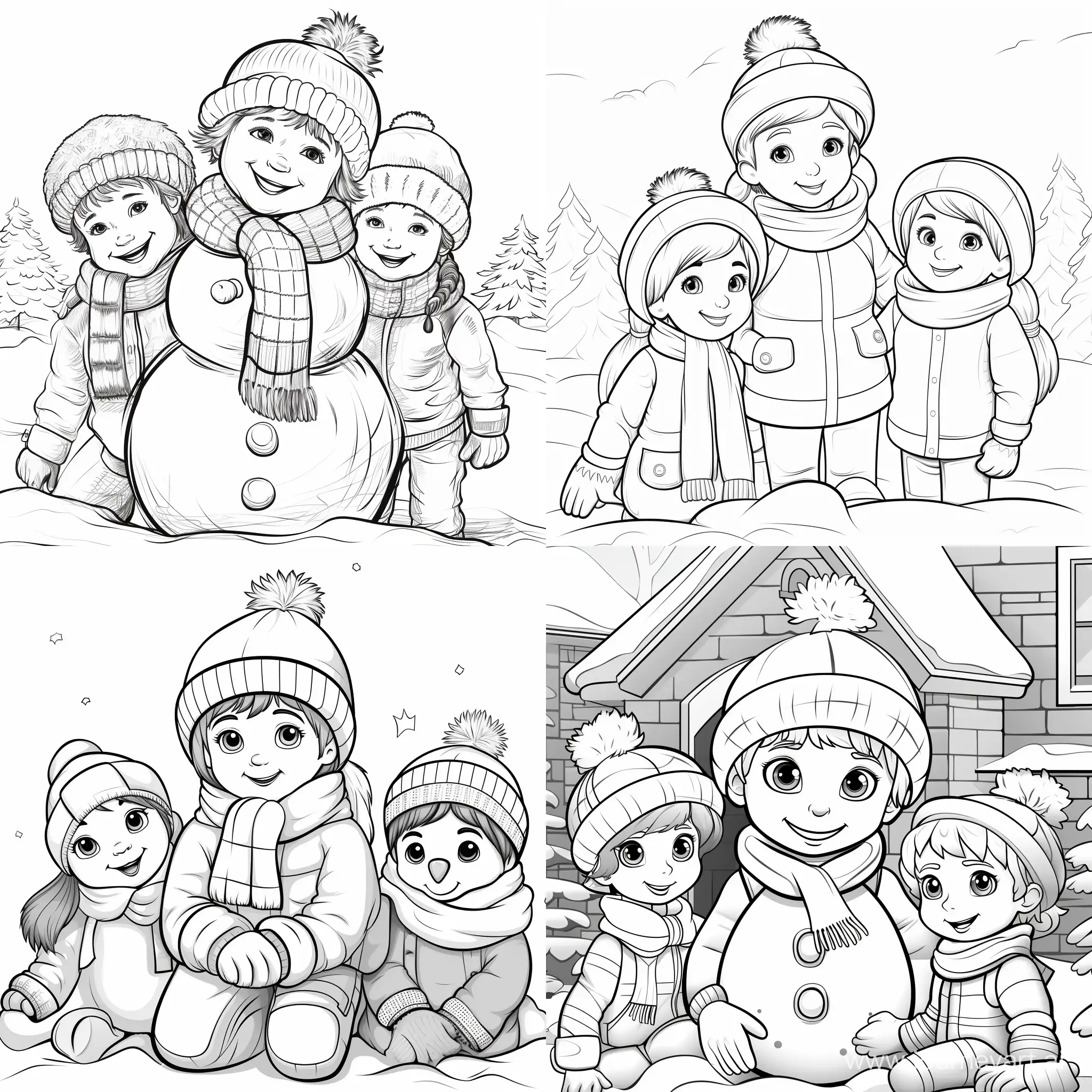 coloring page, children make a snowman