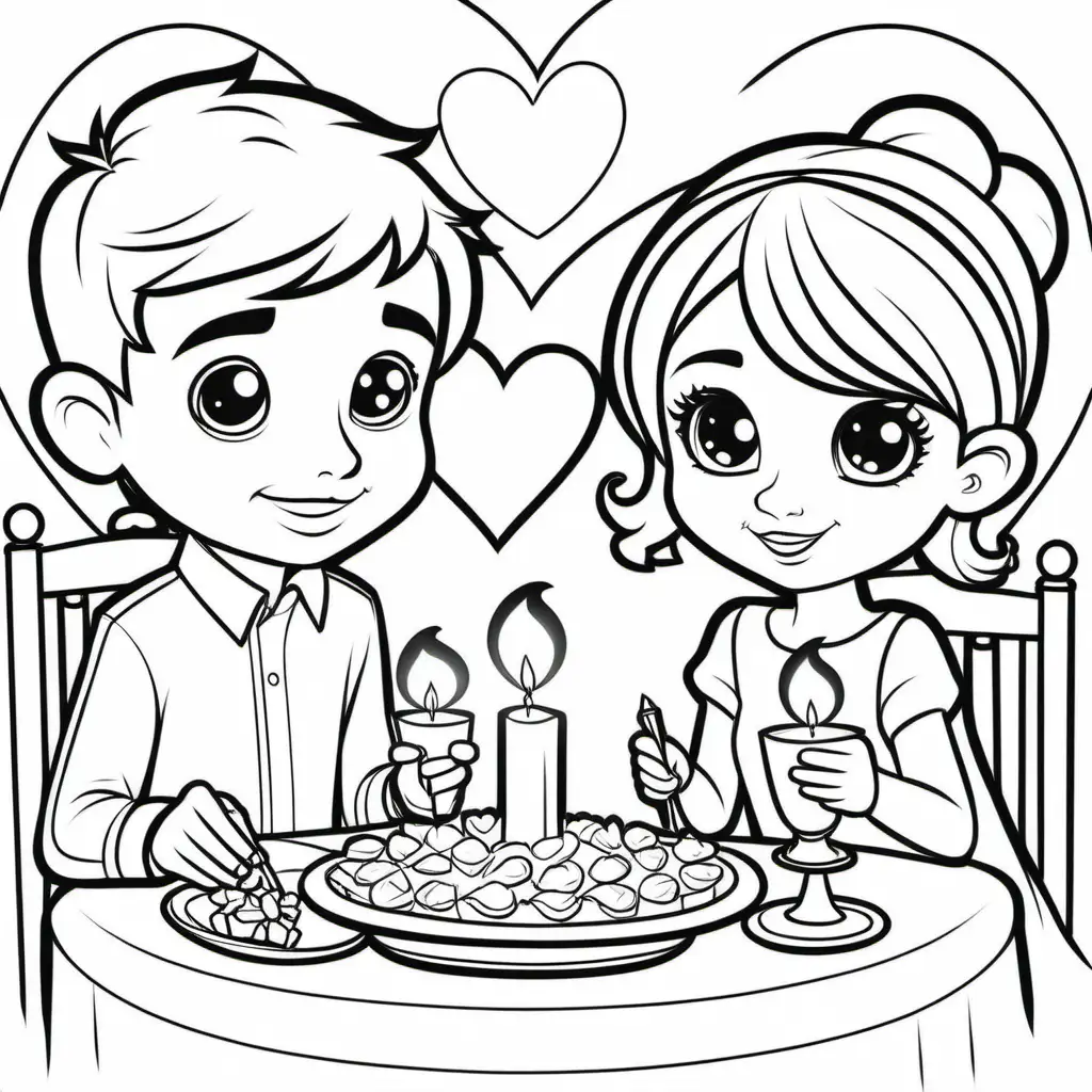 /imagine coloring pages for kids, Valentine's Day 
candlelight dinner with a boy and a girl, cartoon style, thick lines, low detail, black and white - - ar 85:110
