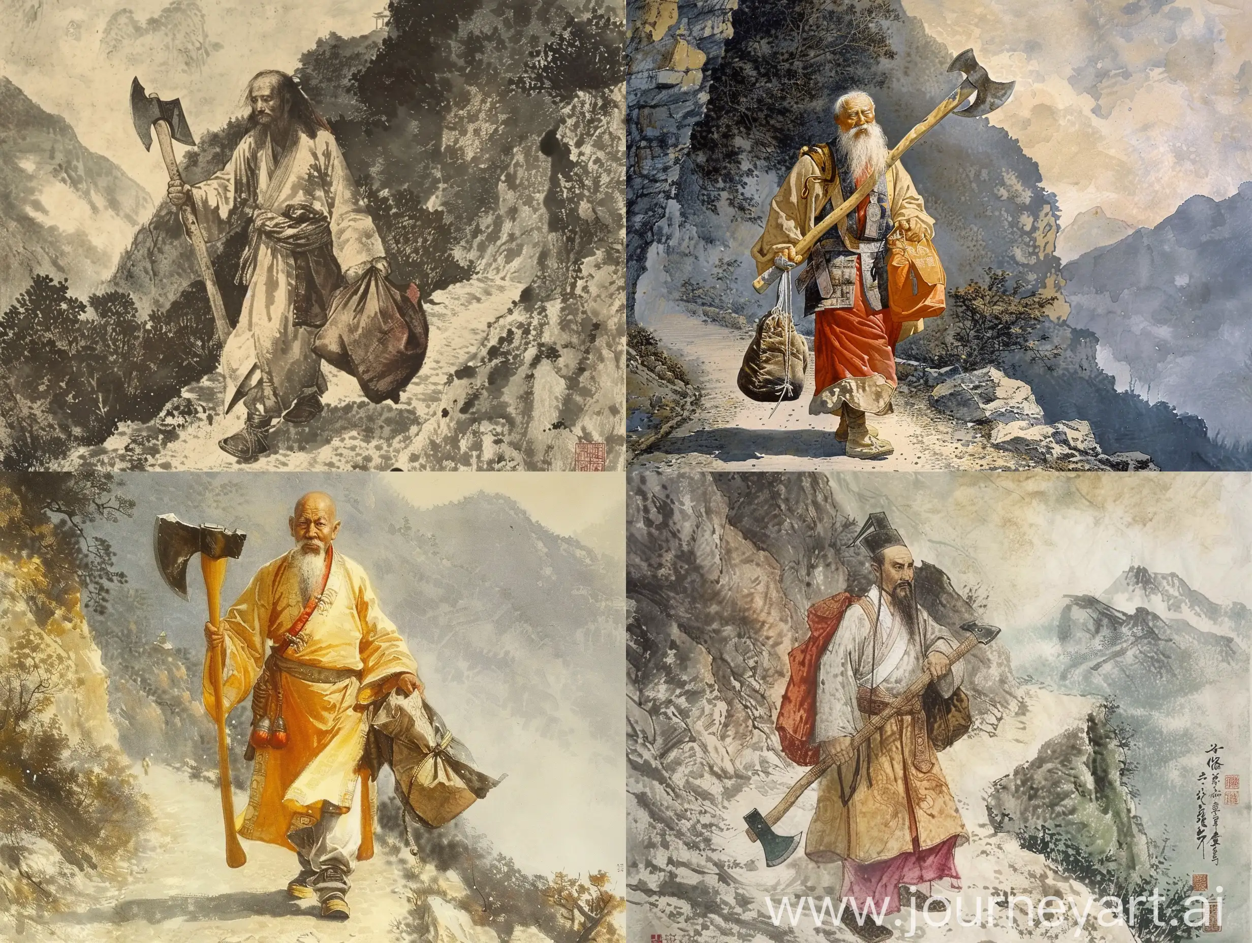 Taoist-Priest-with-Axe-Walking-on-Ancient-Mountain-Road