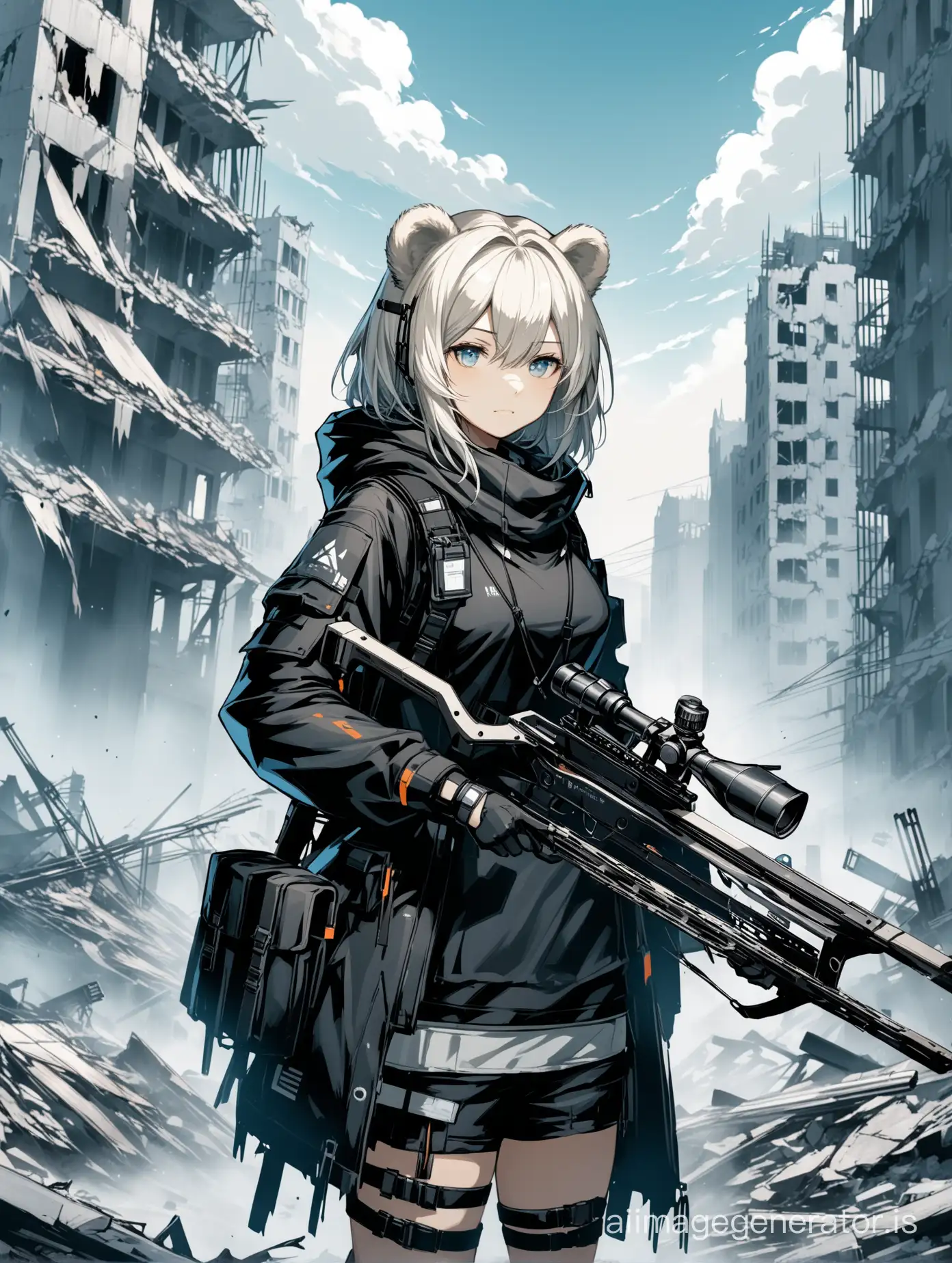 Arknights, (((Arknights))) ursus girl, bear ears,platinum hair, with a crossbow, against the background of destroyed city, black clothes with blue elements