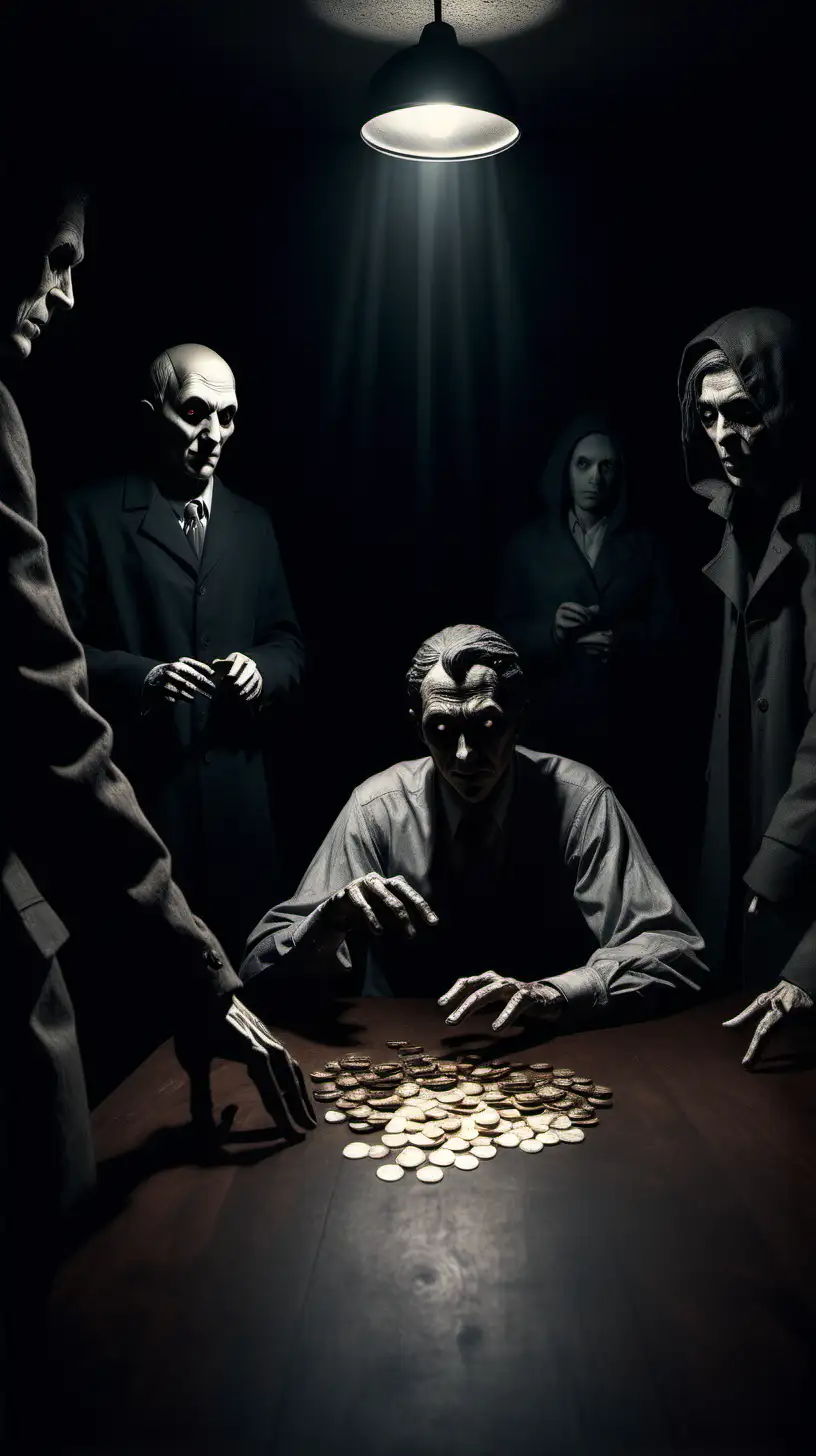 /imagine An eerie, dimly lit room with shadowy figures huddled around a table, engaged in a game of psychological manipulation. One figure holds a coin mid-flip, while others lurk in the shadows, their faces obscured, hinting at hidden agendas and deceitful intentions.