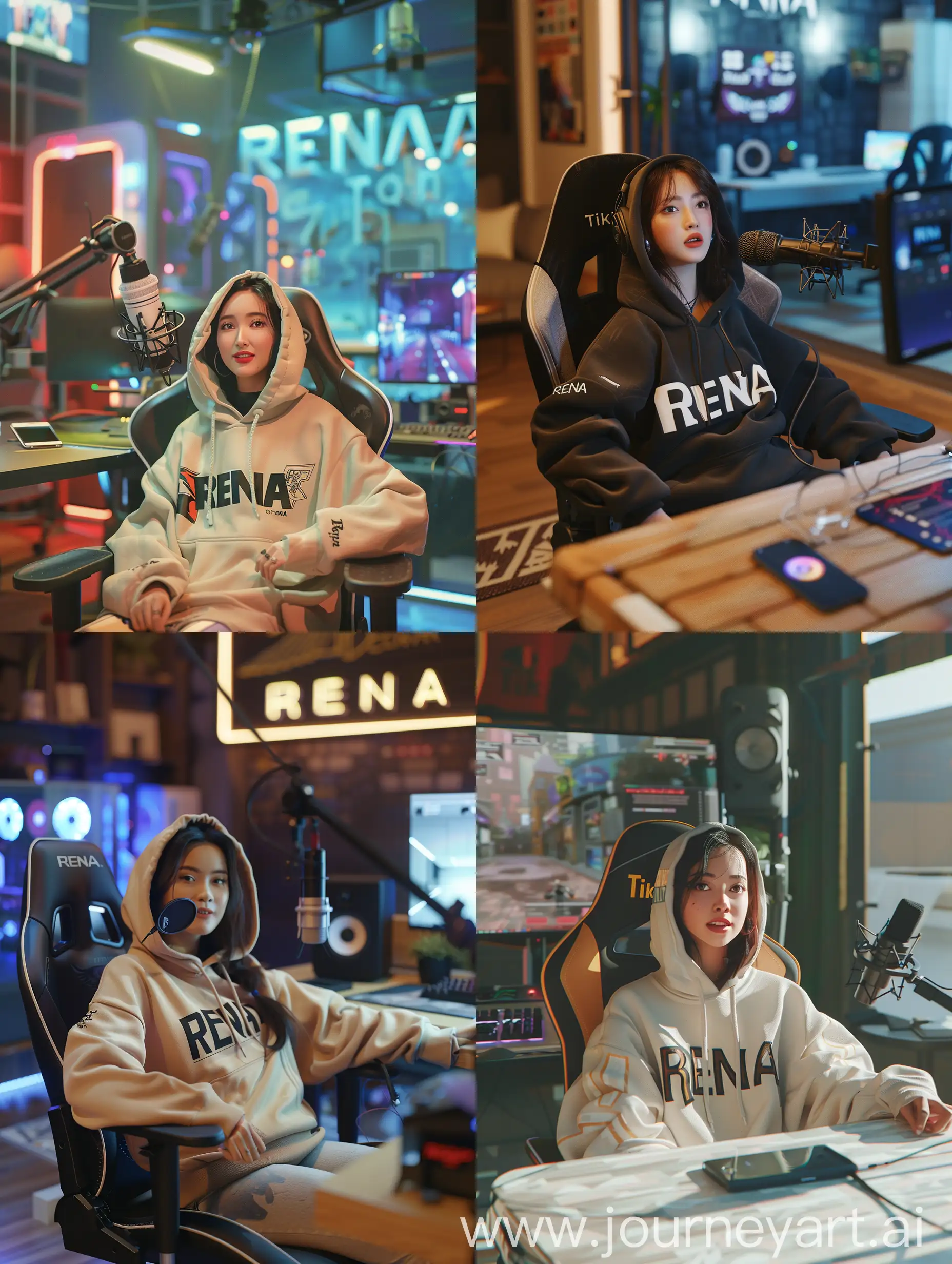 A 32-year-old Indonesian woman is making a podcast on the TikTok application, sitting in a gaming chair wearing a 'RENA' hoodie. In front of him is a microphone and an Apple phone on a table, with a realistic HD background of a room with the words 'RENA' written on it.