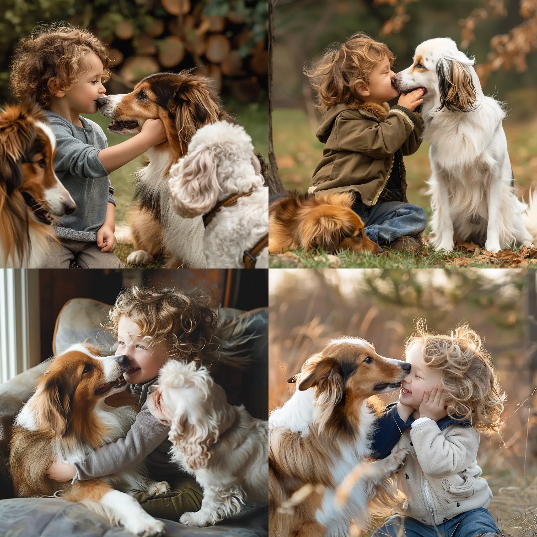 A 5 years old child playing with sheltie dog while a cavaleir spaniel liking his cheak fron the other side