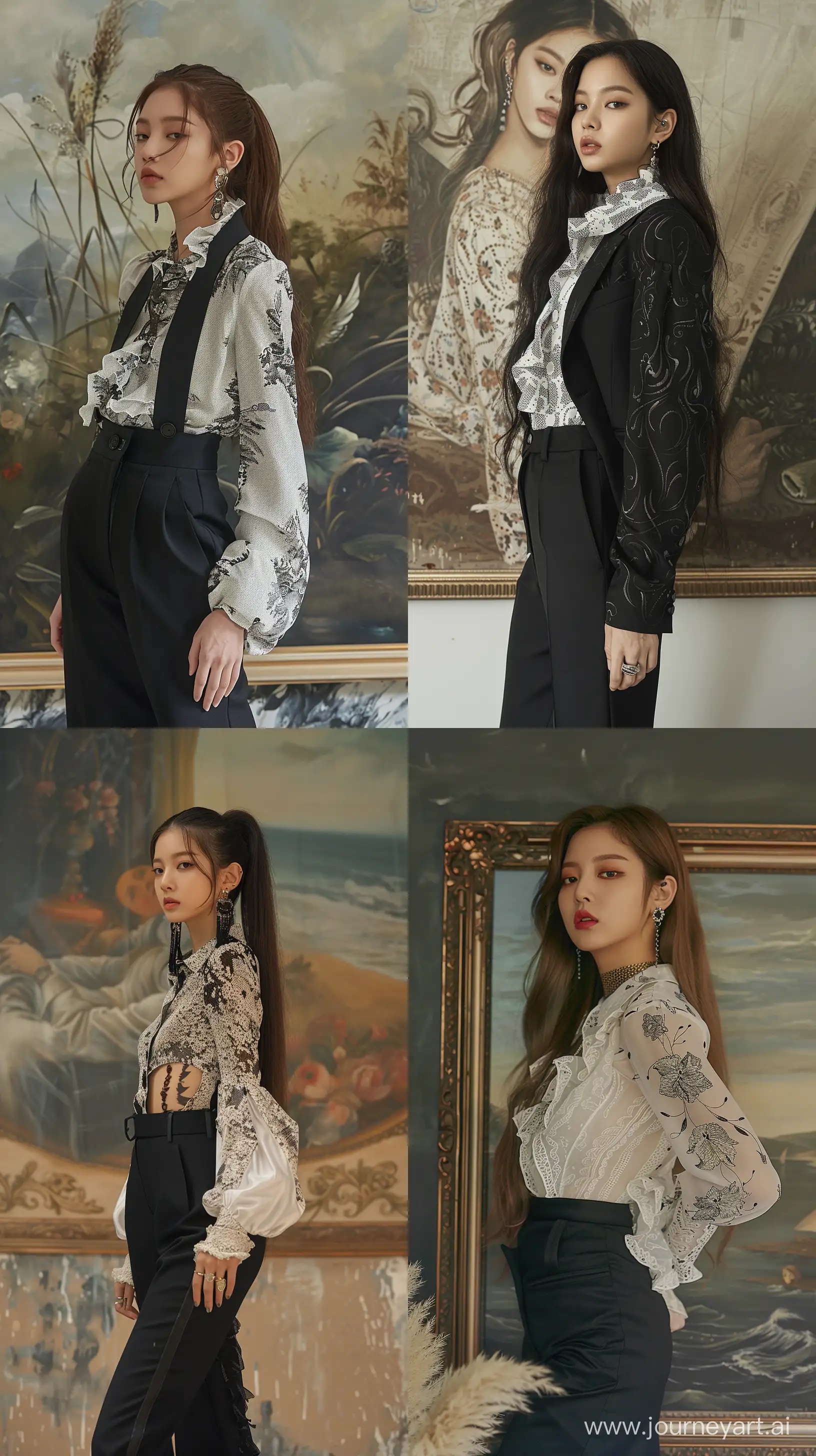  blackpink's jennie,wearing black oversize suit pants and white  motived oversize blouse, standing  profile,front of painting,profile, bared face,album covers, flickr --ar 9:16 --stylize 250 