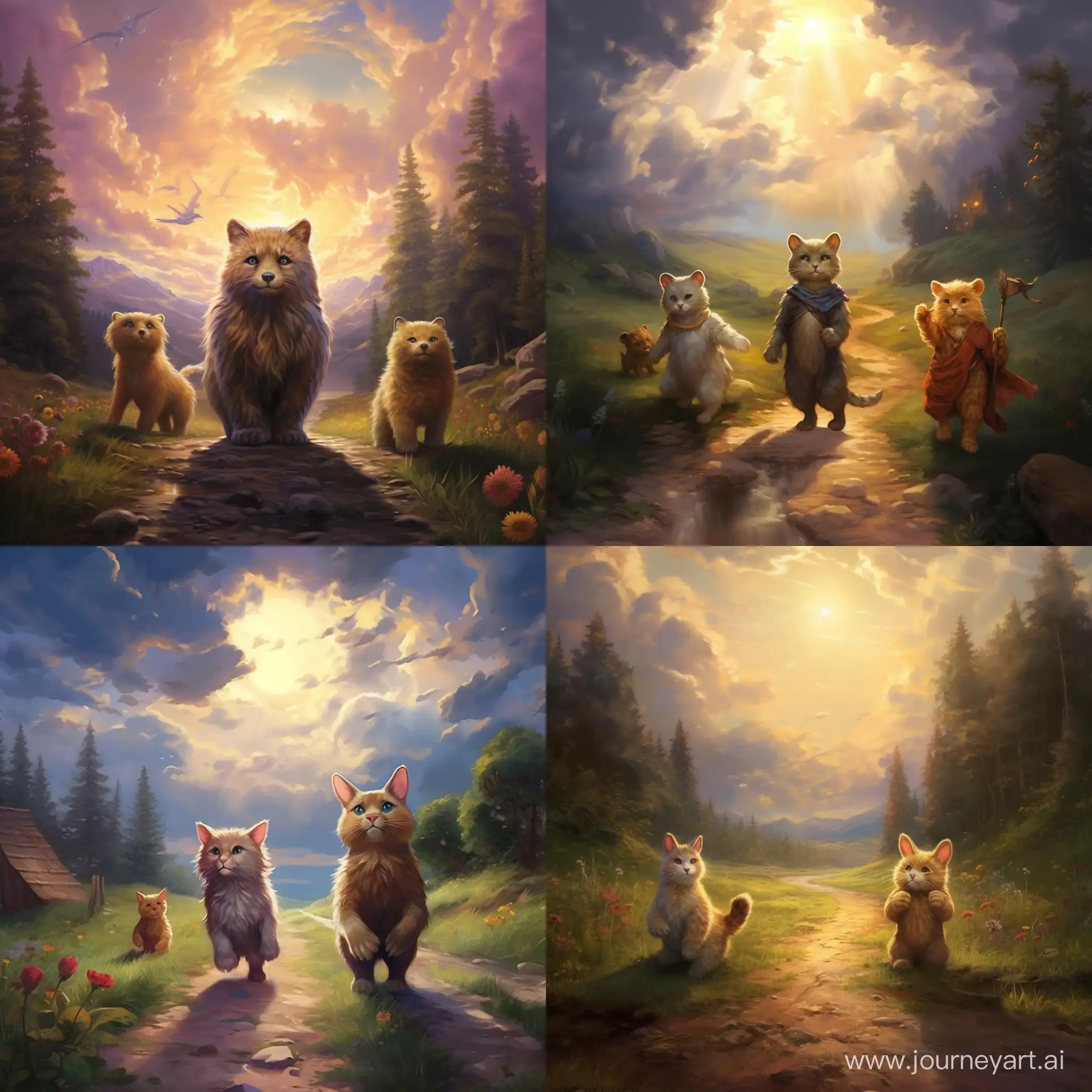 Whimsical-Journey-Cat-Bear-Cub-and-Hare-Walking-to-the-Heavens