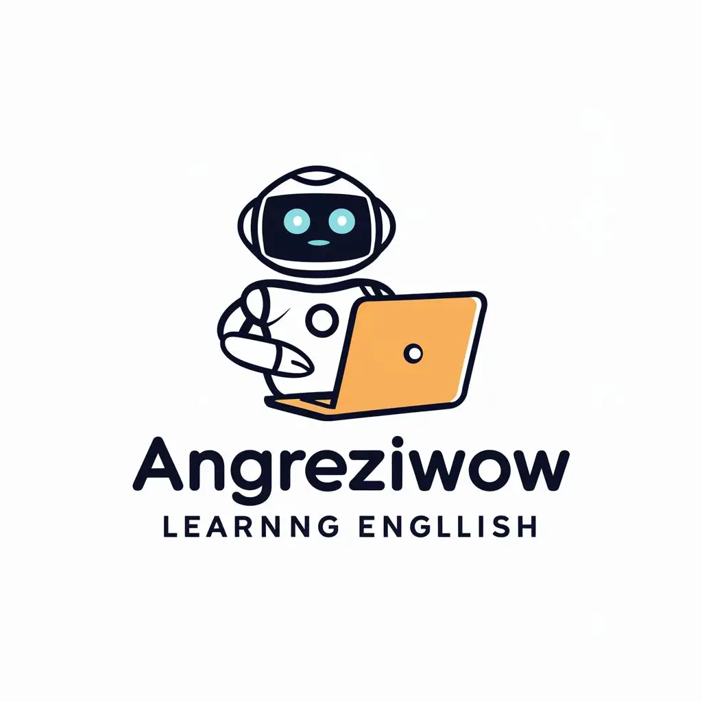 logo, A robot learning English in laptop, with the text "Angreziwow", typography, be used in Education industry