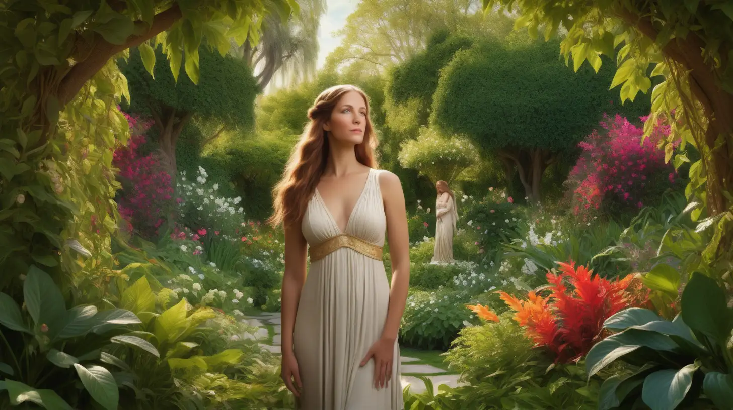 A captivating depiction of a woman from the Bible, Eve, standing in a lush garden, her full body elegantly portrayed amidst vibrant foliage. The scene captures the serenity of the moment, with Eve's presence harmonizing with the natural beauty that surrounds her, inspired by the biblical narrative and the timeless allure of a tranquil garden setting.