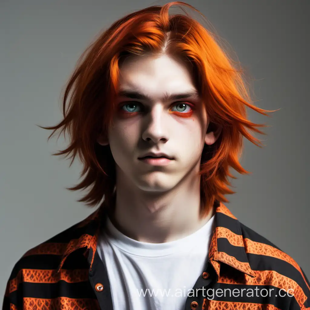 male teenager, fiery shoulder length hair, fiery eyes like a lizard, on ordinary clothes