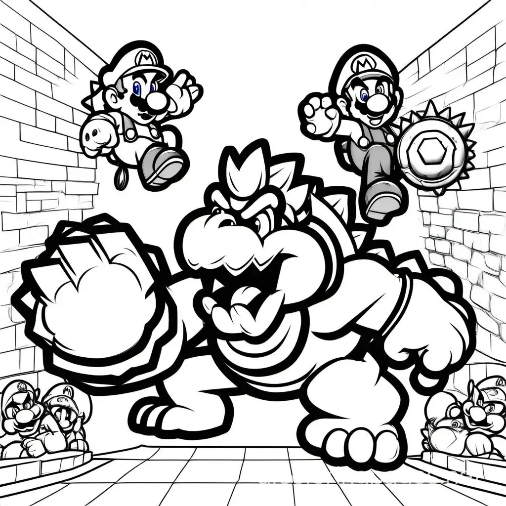 mario VS bowser, Coloring Page, black and white, line art, white background, Simplicity, Ample White Space. The background of the coloring page is plain white to make it easy for young children to color within the lines. The outlines of all the subjects are easy to distinguish, making it simple for kids to color without too much difficulty