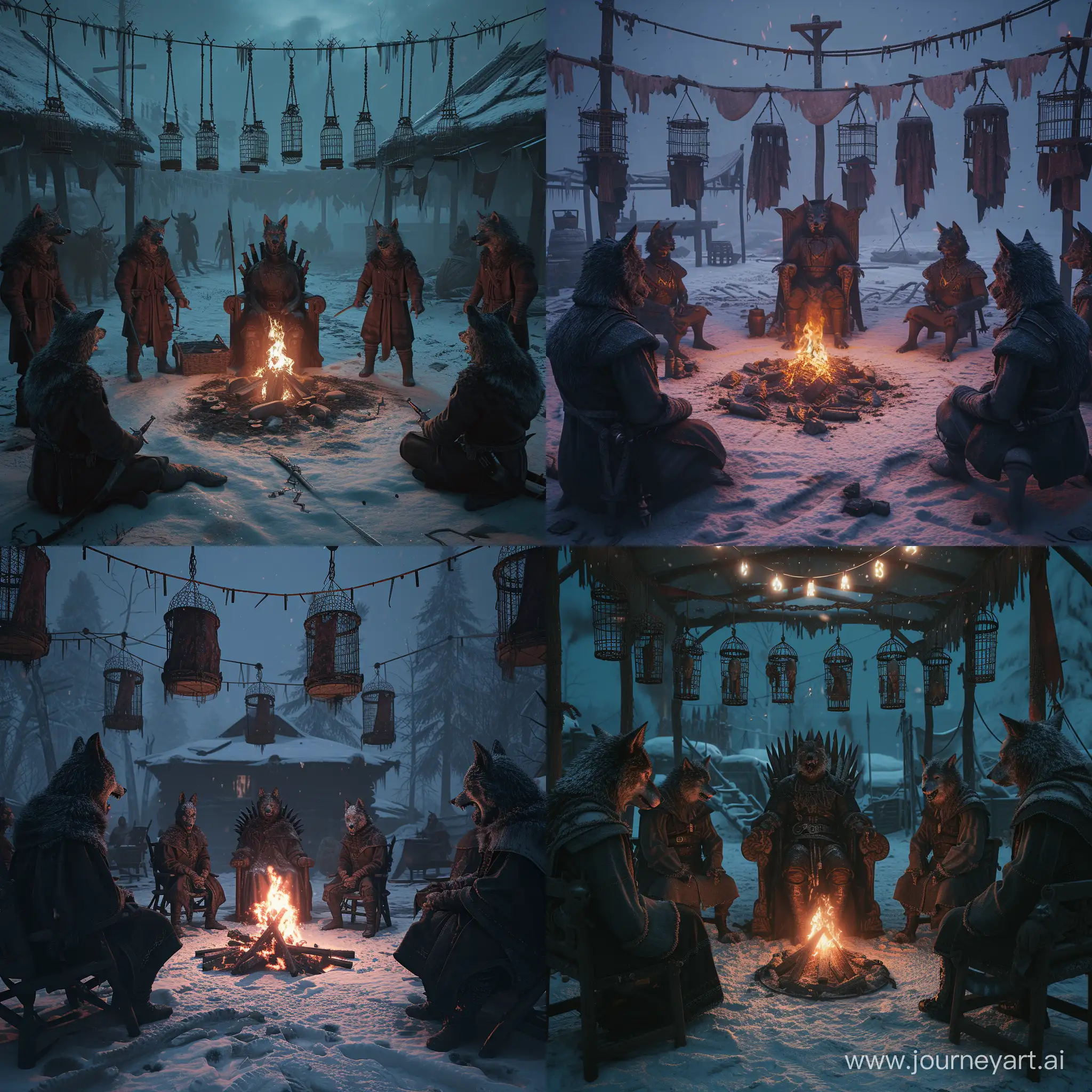 Ferocious-WolfHeaded-Warriors-Convene-Around-Snowy-Throne-in-Unreal-Horror-Camp