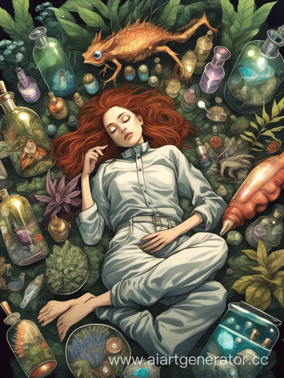 женщина лежит нв подушках с распахнутыми глазами и вокруг магические склянки растения и существа. вид сверху
