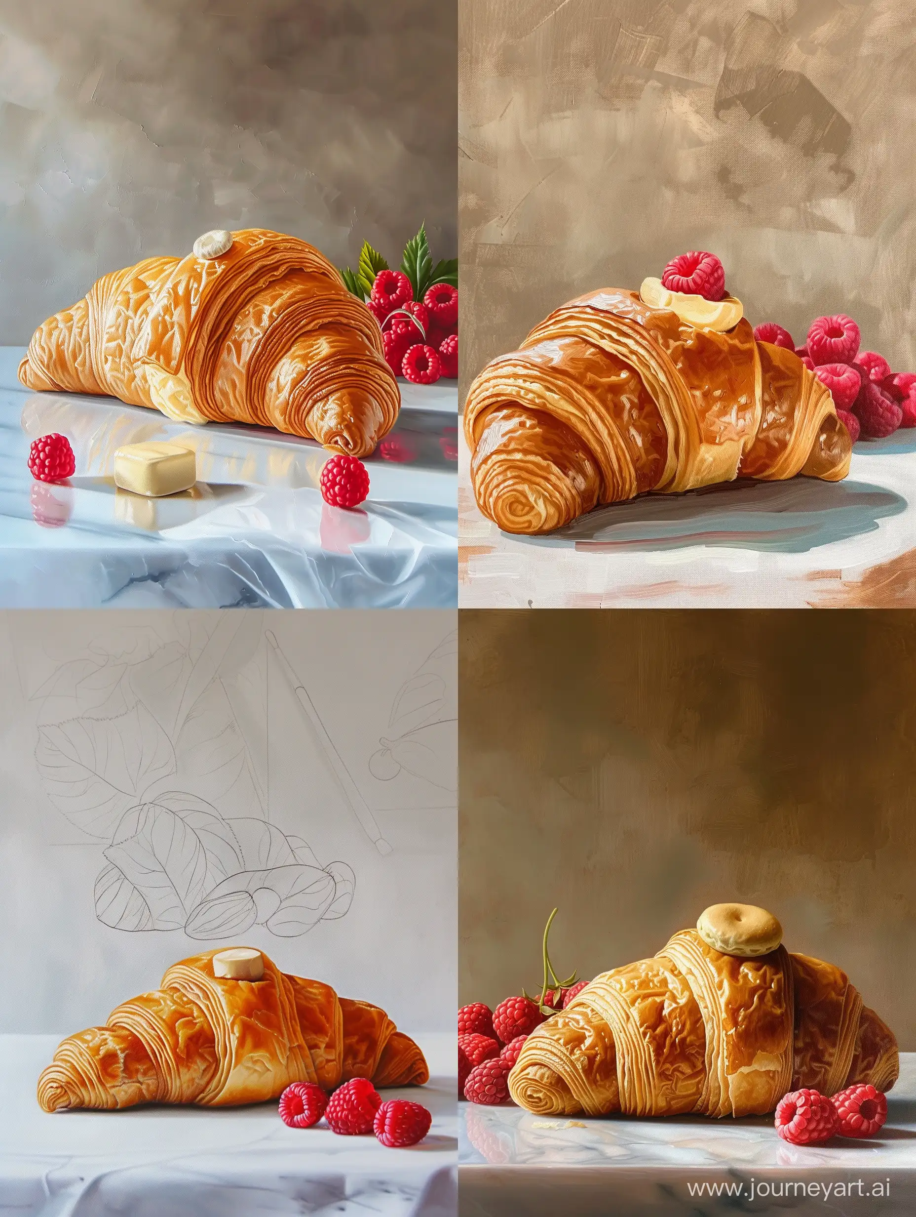 oil painting, outline, croissant on the table, butten on the croissant, raspberries behind the croissant