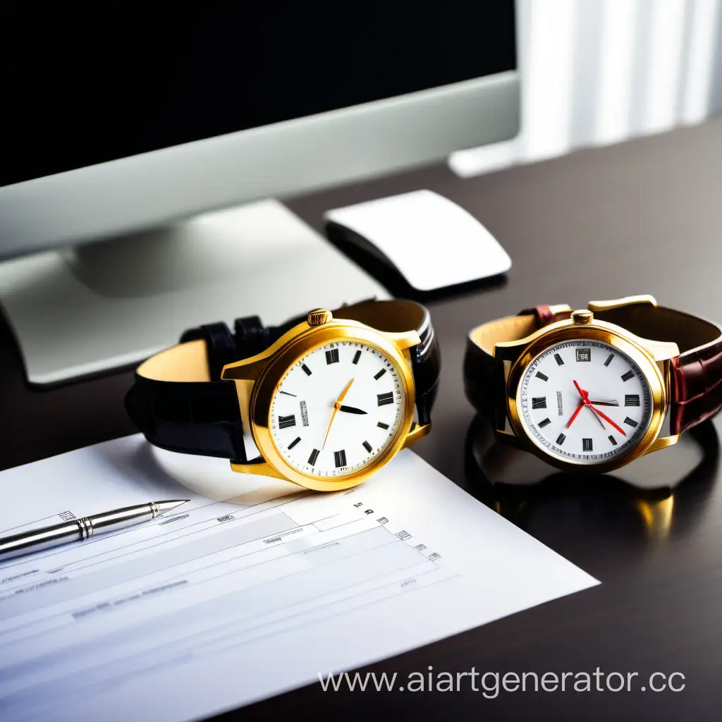золотые наручные часы на фоне большого рабочего стола директоры фирмы