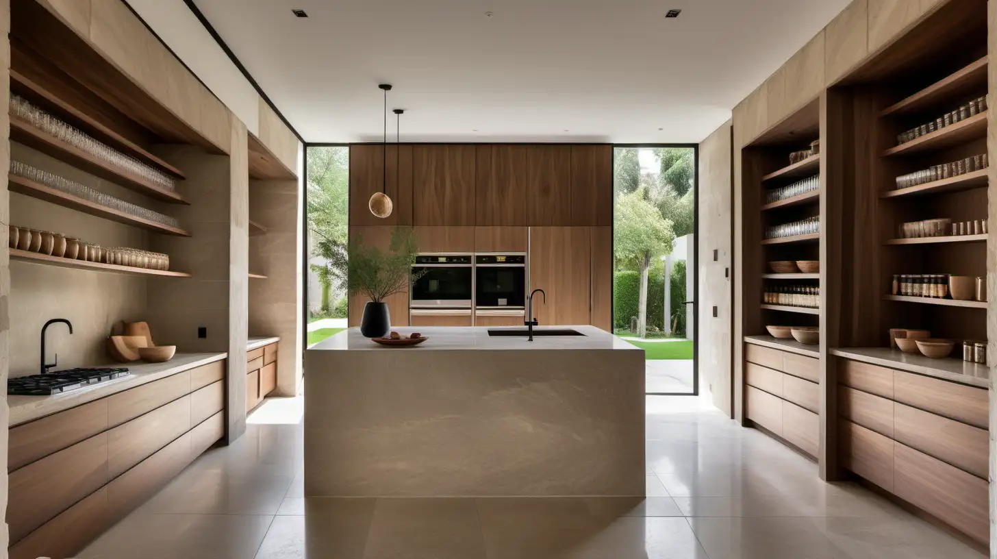 a large estate home in organic minimalist modern japandi style kitchen and pantry; walnut wood, limewash walls, limestone