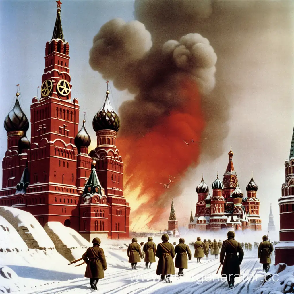 Зима, холод, Москва, Москву бомбит враг, советские солдаты защищают Москву, красные знамёна