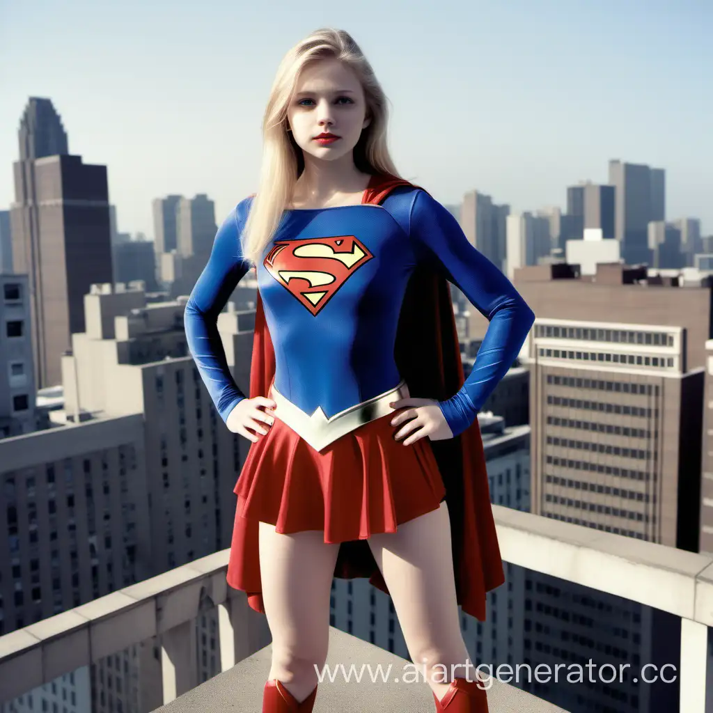 Blonde Haired Girl Age 18 Wearing Supergirl Suit Standing on Top of a Building