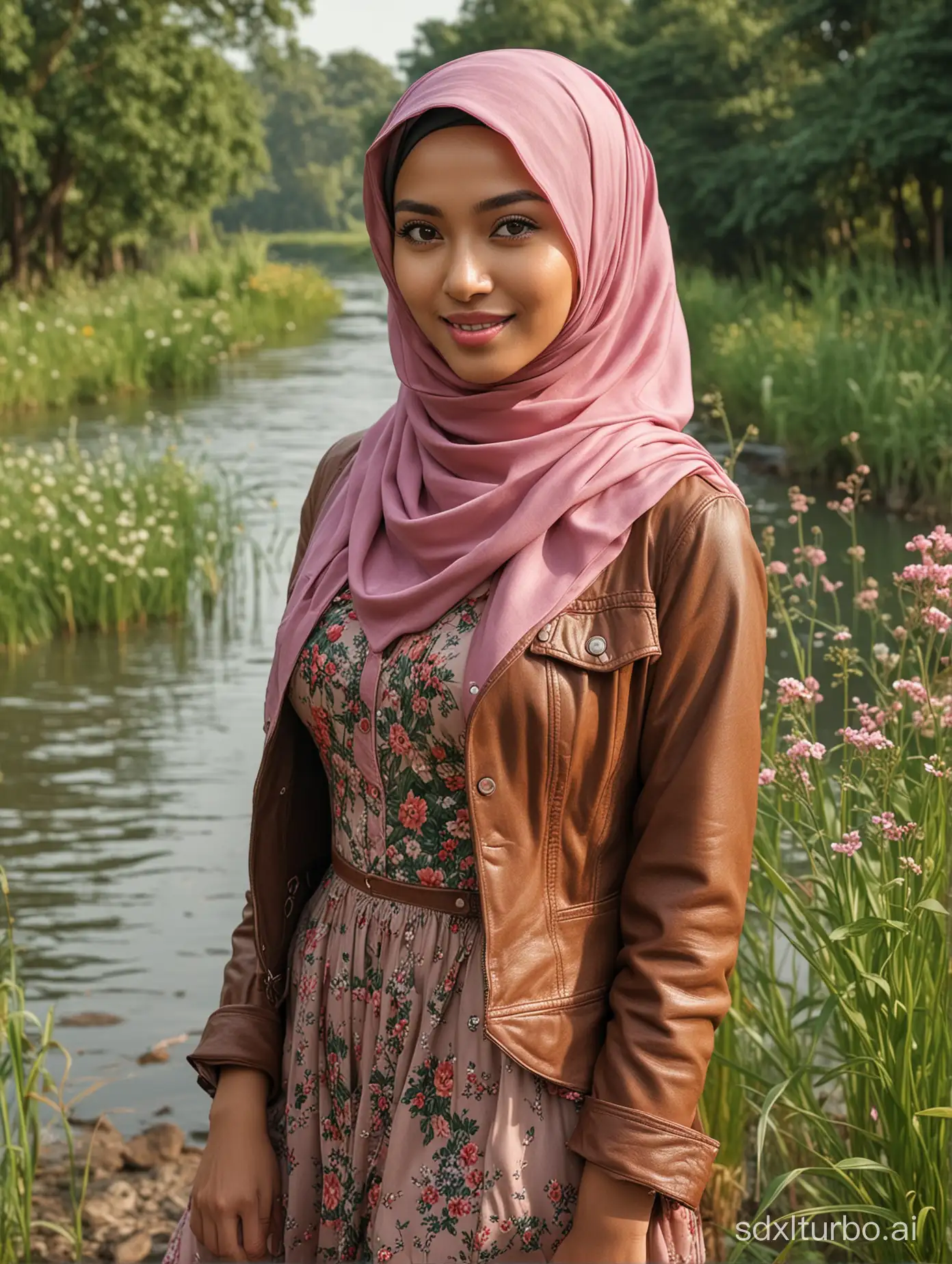 masterpiece, best quality, highly detailed face and skin, realistic photo, expressive eyes, perfect face, detailed eyes, detailed lips, beautiful face smile, a woman from Indonesia, wearing a stylish light brown hijab, wearing a light brown leather jacket, long skirt with the same color as the hijab, standing on the river bank, background of green grass and trees with bright pink flowers, back pose, high quality, hyperrealistic, cool ambient, highly detailed, realistic, photography, ultra HD, ultra quality, aesthetic, bright photo quality, full body