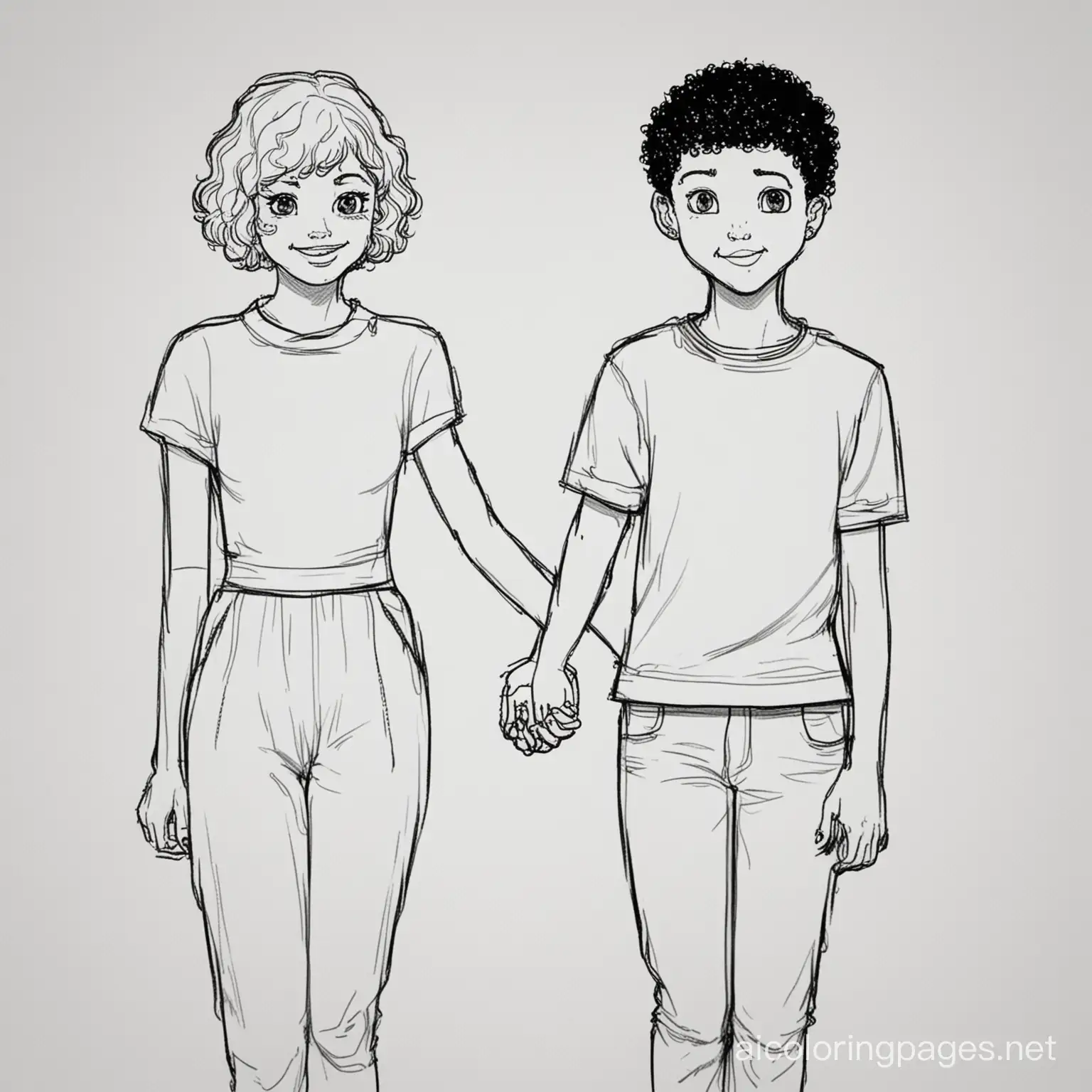teenage Girl with curly bob cut hair holding hands with teenage  boy with buzz cut dating, Coloring Page, black and white, line art, white background, Simplicity, Ample White Space. The background of the coloring page is plain white to make it easy for young children to color within the lines. The outlines of all the subjects are easy to distinguish, making it simple for kids to color without too much difficulty