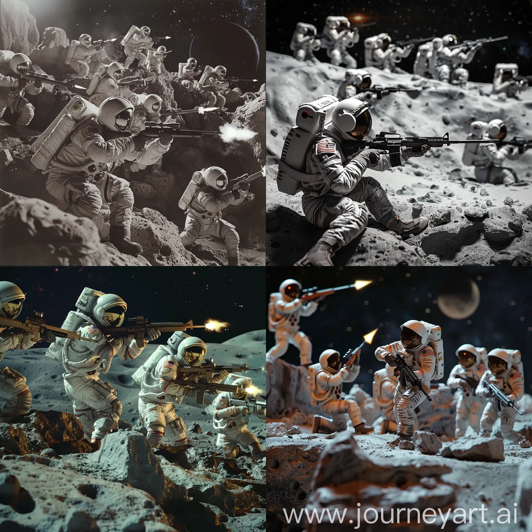 月球基地上，几个拿着步枪的宇航员在交火，科幻风格