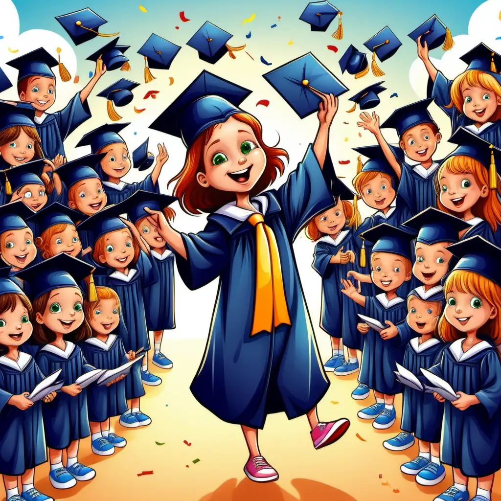 Joyful Children Celebrating Graduation Dreams in Whimsical Cartoon