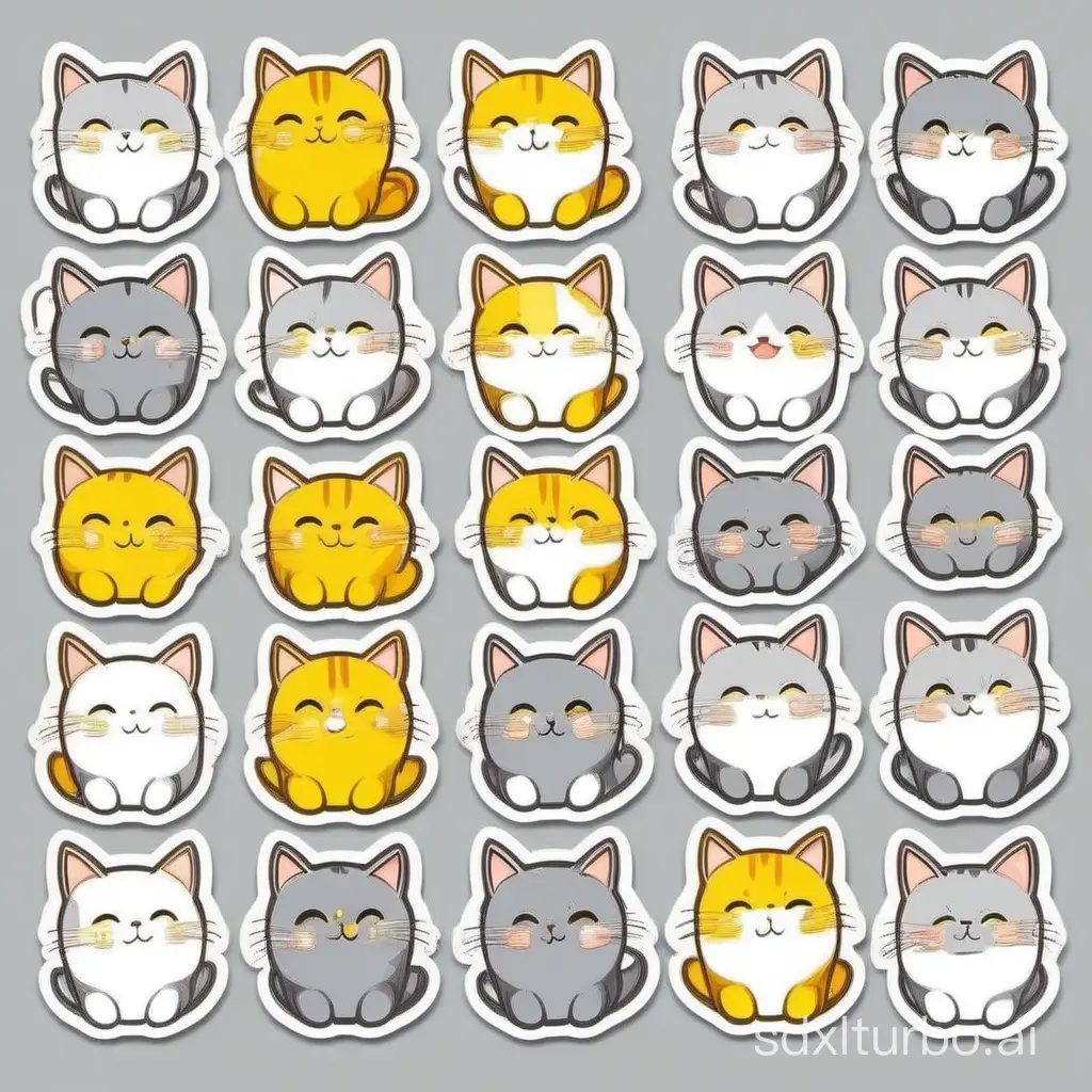 Stickers for cat's daily work, happy, sad various exaggerated poses, white background, gray and yellow, sticker art, delicate details, nine frames, 4k--niji 6