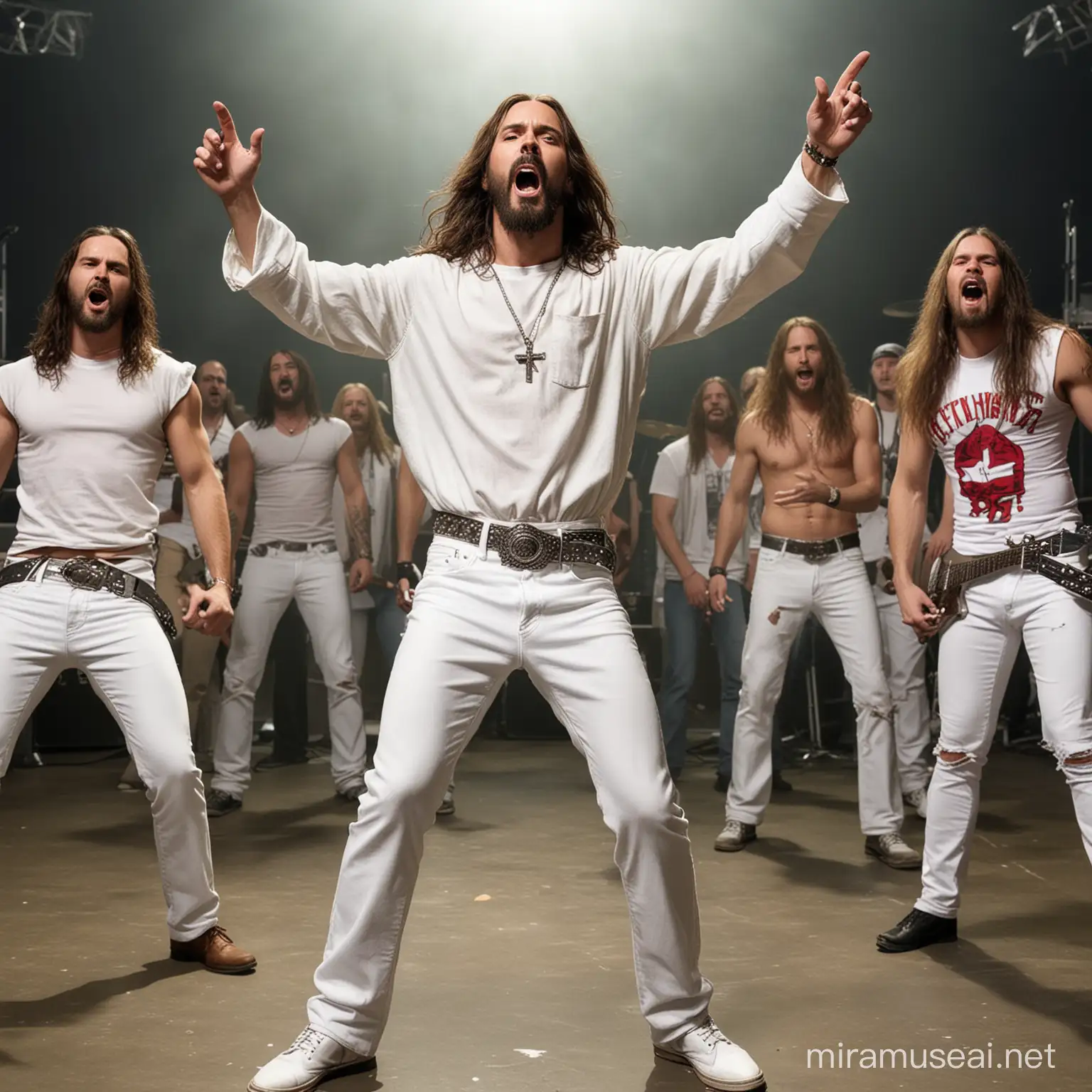 jesus in white jeans singing in a metal band