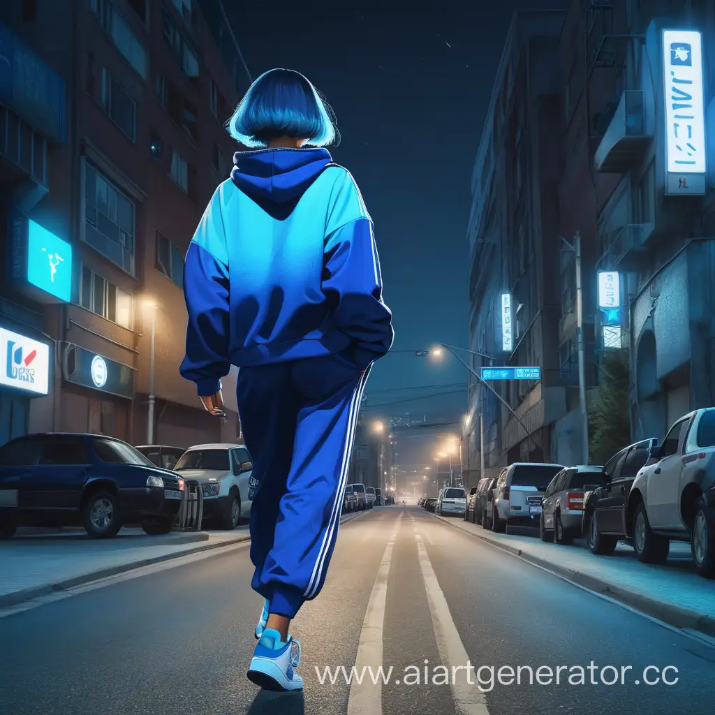Ночной город. Высокая девушка с каре и синими кончиками одетая в спортивный костюм идёт вдоль улицы. Спиной к зрителю.