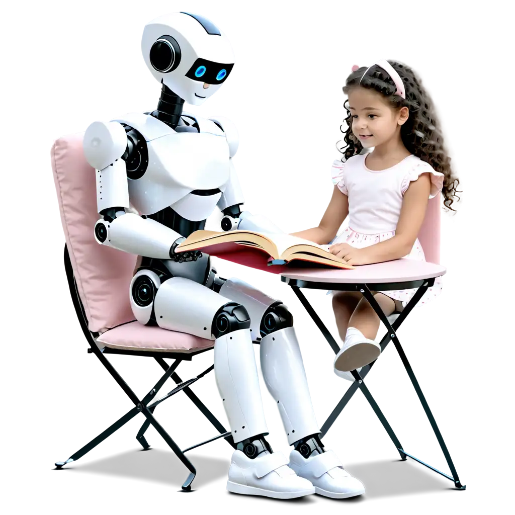 Humanoid Iron Robot sitting on a chair is teaching a European girl child to read a book