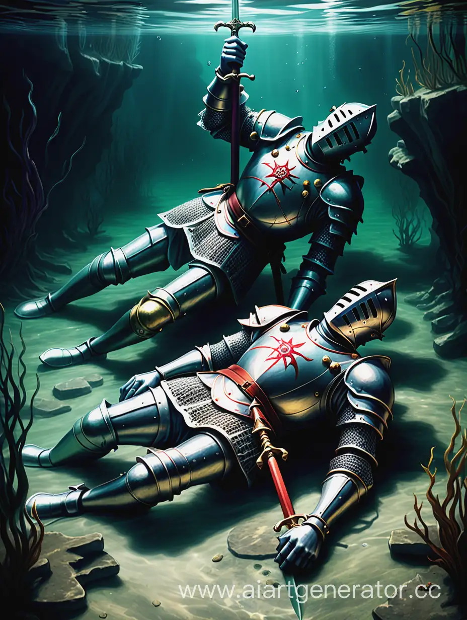 два утонувшие рыцари лежат на дне реки под водой