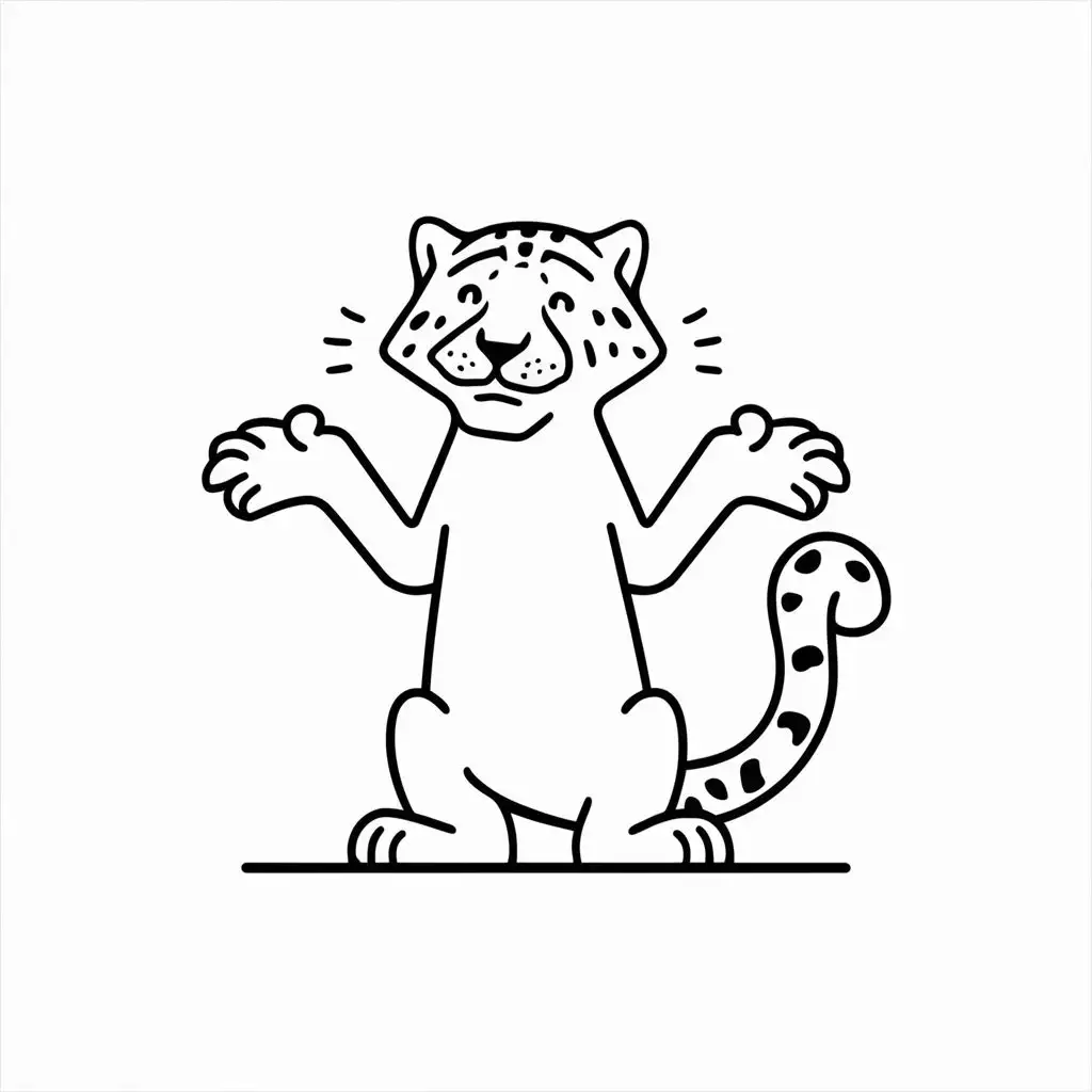 black and white only, vector, outline Line art, simple logo, minimalist, no shading, cartoon style, snow leopard, Shrug, sorry, spreads his hands, oops