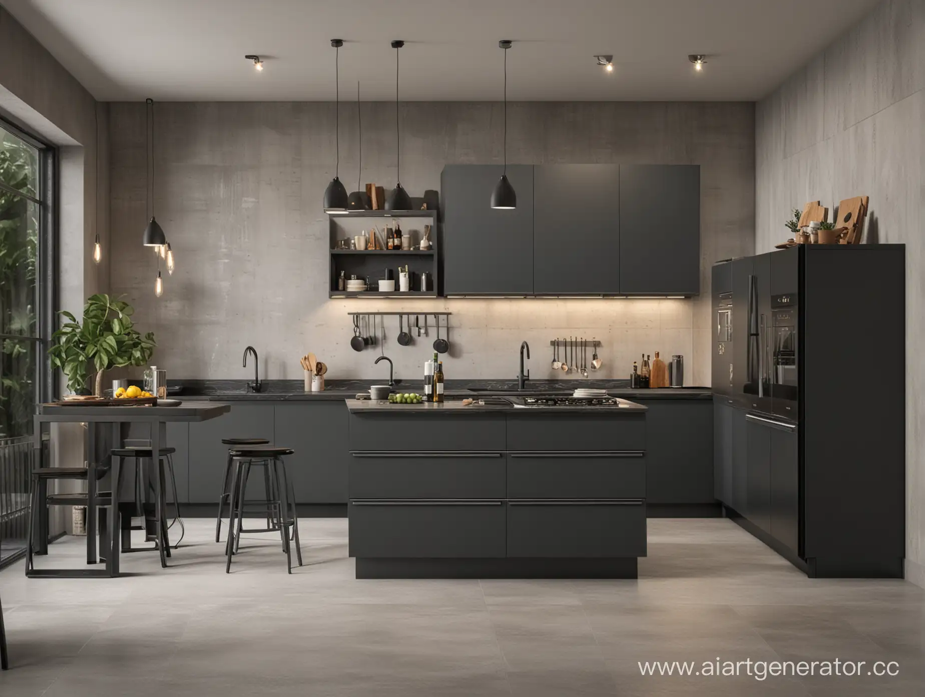 Modern-Loft-Style-Kitchen-with-Dark-Gray-Theme-and-Sleek-Design