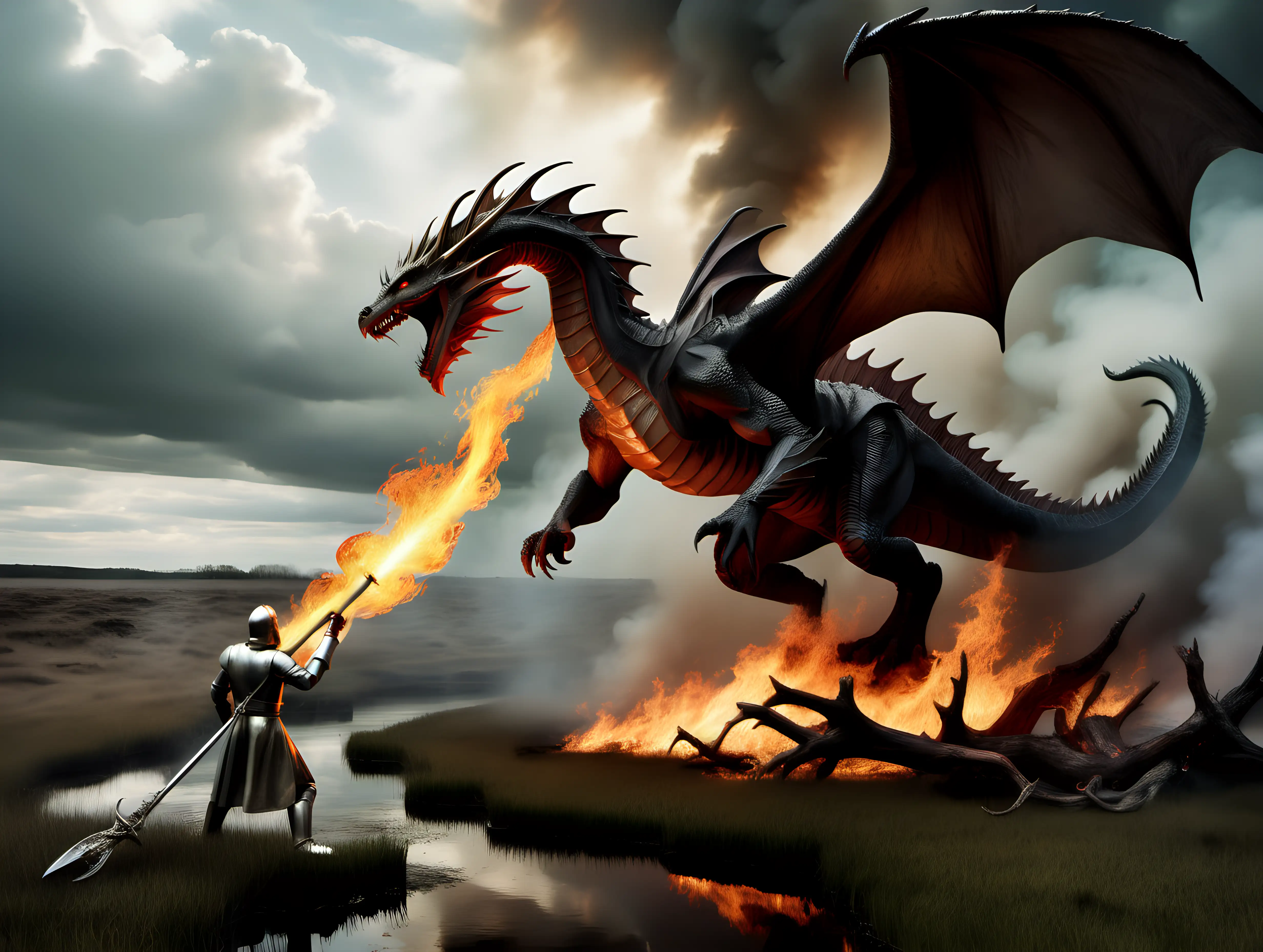 King Arthur slaying a fire breathing dragon in a bog