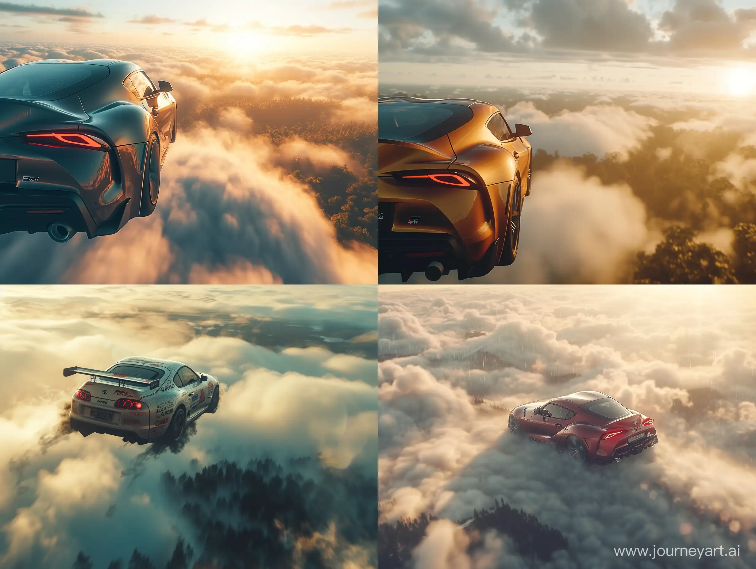 High-Angle-View-of-Supra-MK4-Car-Soaring-Above-Clouds-with-Forest-Below