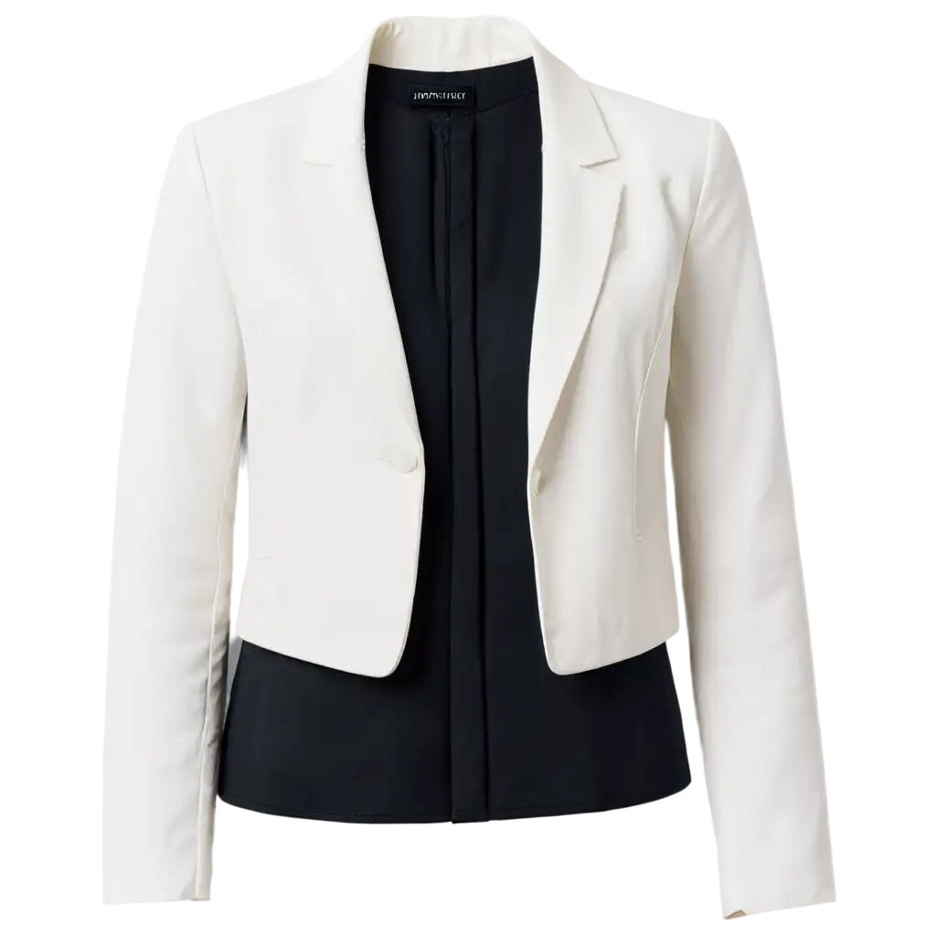 classic white women's jacket with a black blouse underneath, on a transparent mannequin