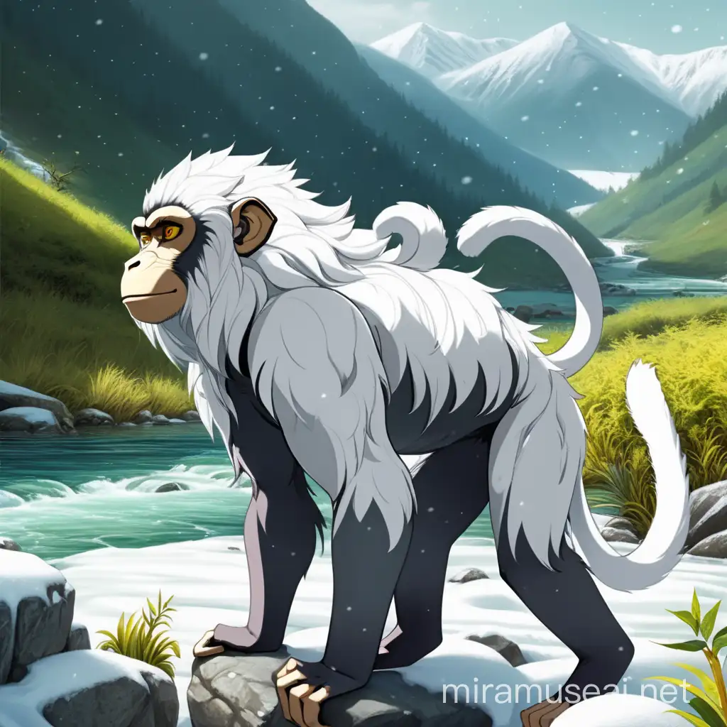 Anime Monkey with Snowy Mountains and River