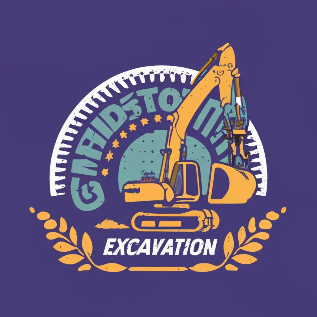 logo, excavator, excavator bucket, grindstone around them, with the text "Grindstone Excavation", name inside tracks typography, be used in Construction industry