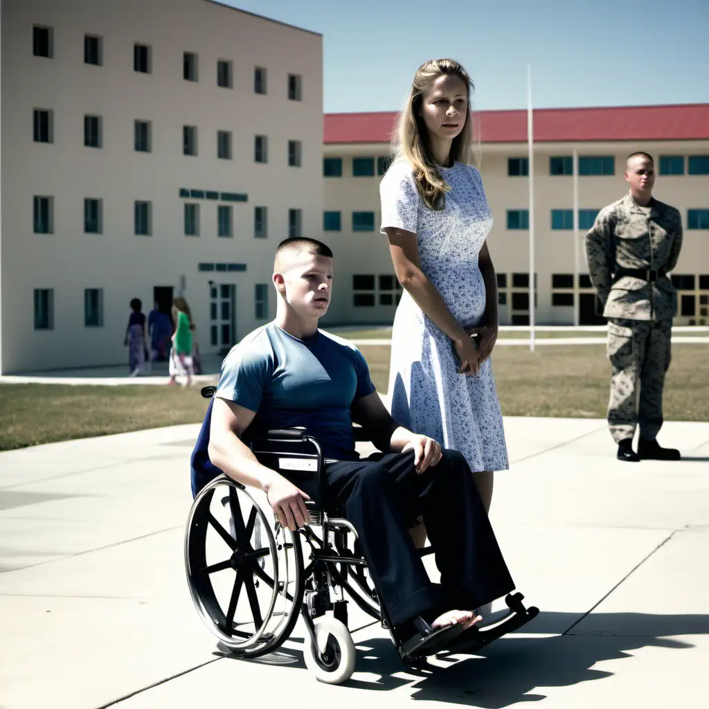 Marine Veteran in Wheelchair with Family Outside Military Hospital