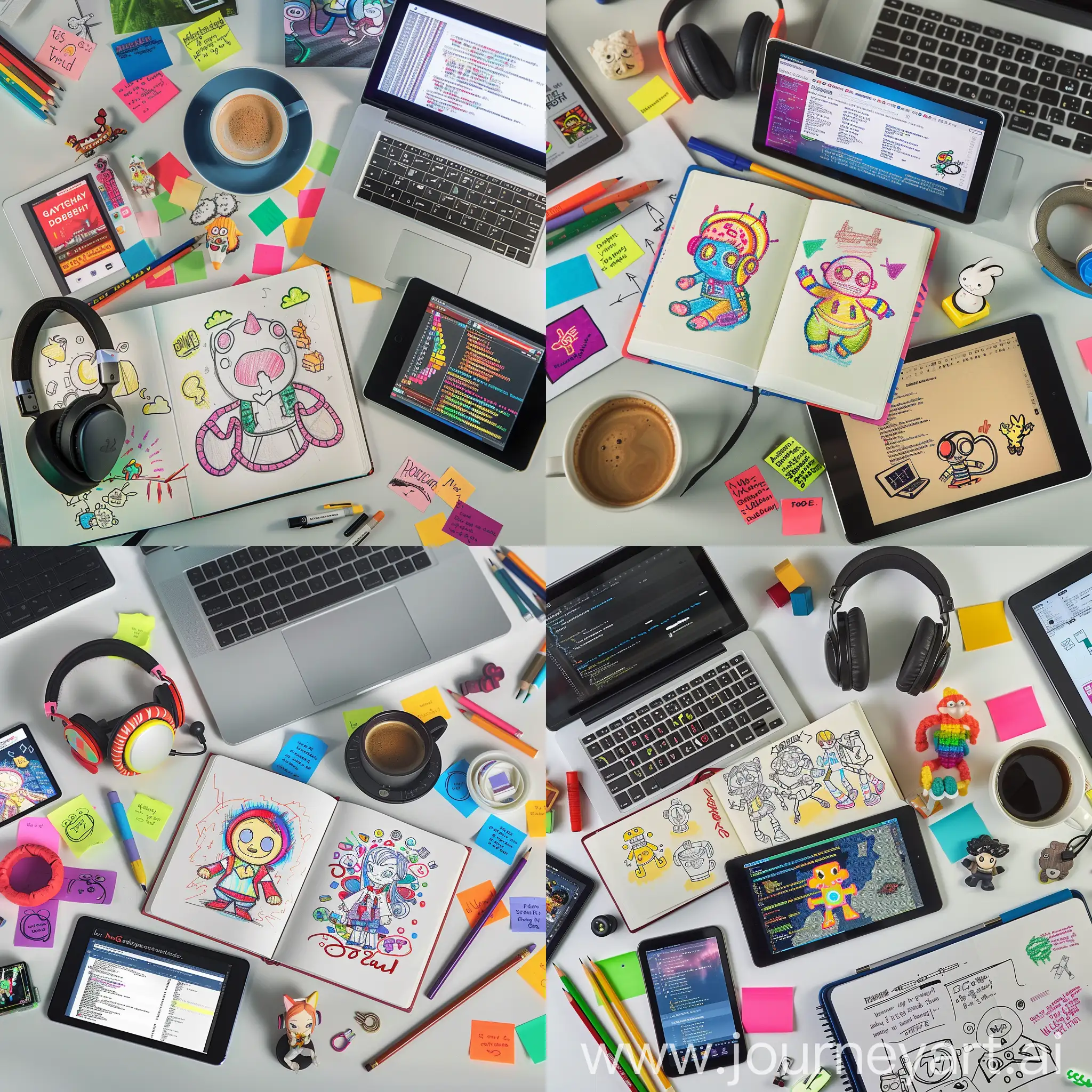  Prompt Text: A vibrant, flat-lay composition showcasing various creative tools and coding elements arranged on a clean desk.  In the center, a sketchbook filled with colorful sketches of a video game character design lies open next to a laptop displaying code. A pair of headphones rests nearby, and a cup of coffee sits beside a tablet displaying a website about game development.  Scattered around are various drawing tools like pencils and pens, alongside colorful sticky notes with written code snippets and project ideas. A small figurine related to the character sketch sits nestled among the items, symbolizing the connection between hobbies and projects.  The overall tone should be inspiring and visually appealing, capturing the essence of transforming personal interests into tangible tech projects through coding.