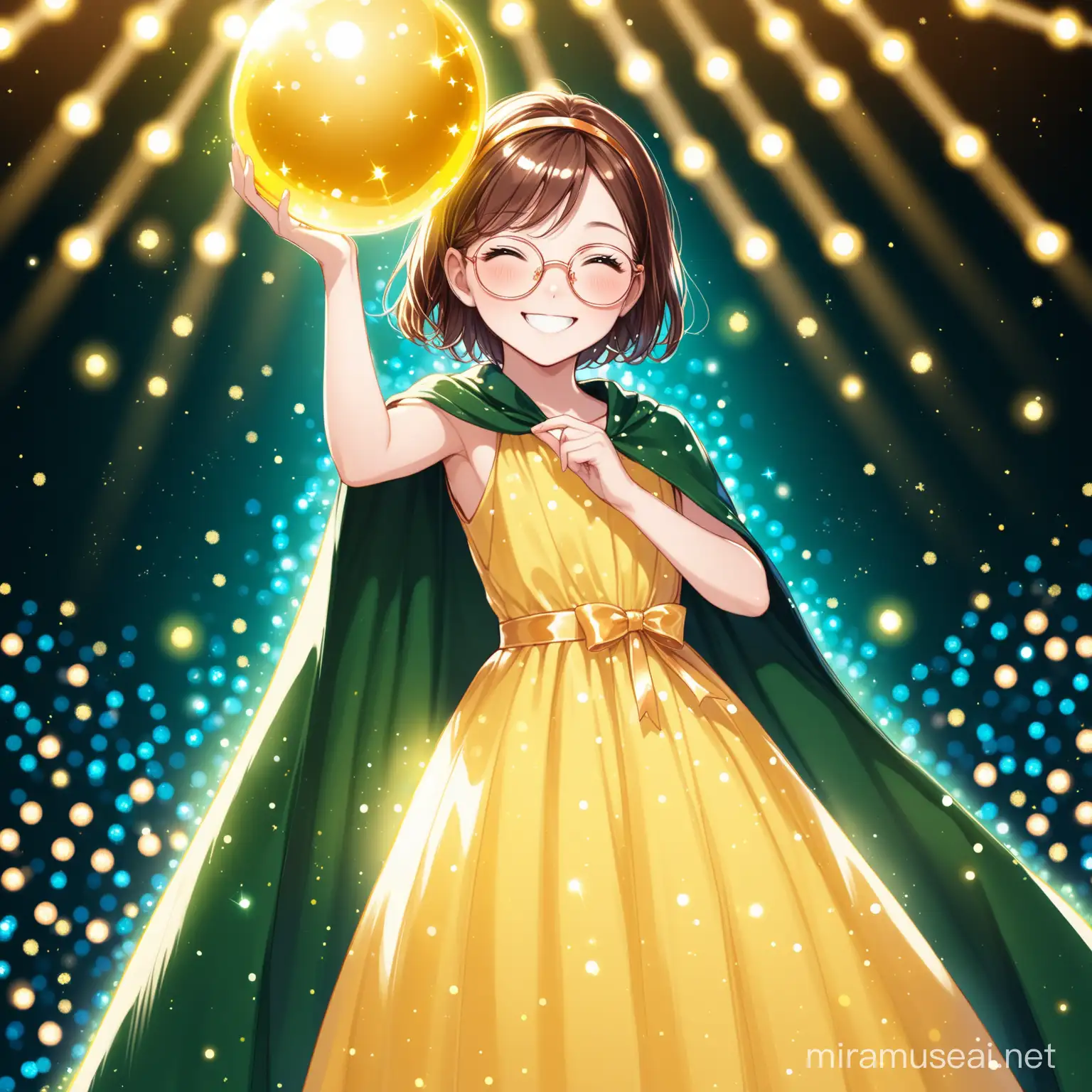 12 year old girl, short brown hair, rose gold glasses, smiling, wearing long yellow dress, wearing dark green cloak, holding glowing yellow ball, head band, background of stage with lights and glitter
