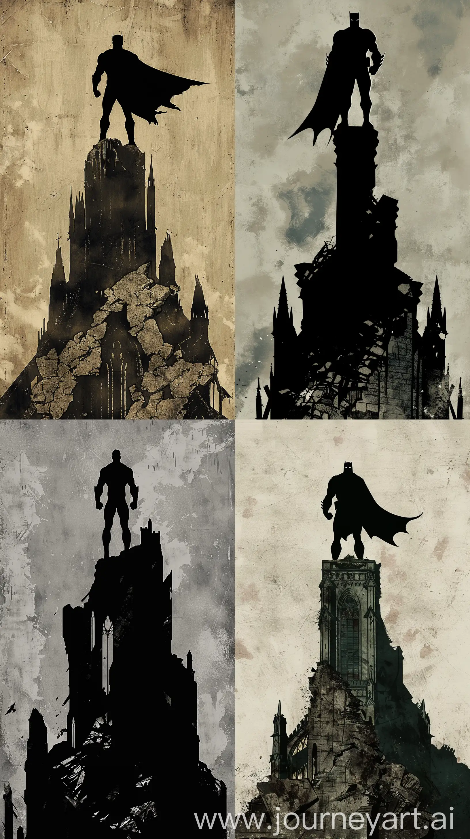 Illustrate a brooding superhero standing atop a crumbling gothic cathedral, with Robert colescott art signature use of heavy shadows and stark contrasts. The character's silhouette should be bold and simple, yet convey a sense of mysterious power --ar 9:16