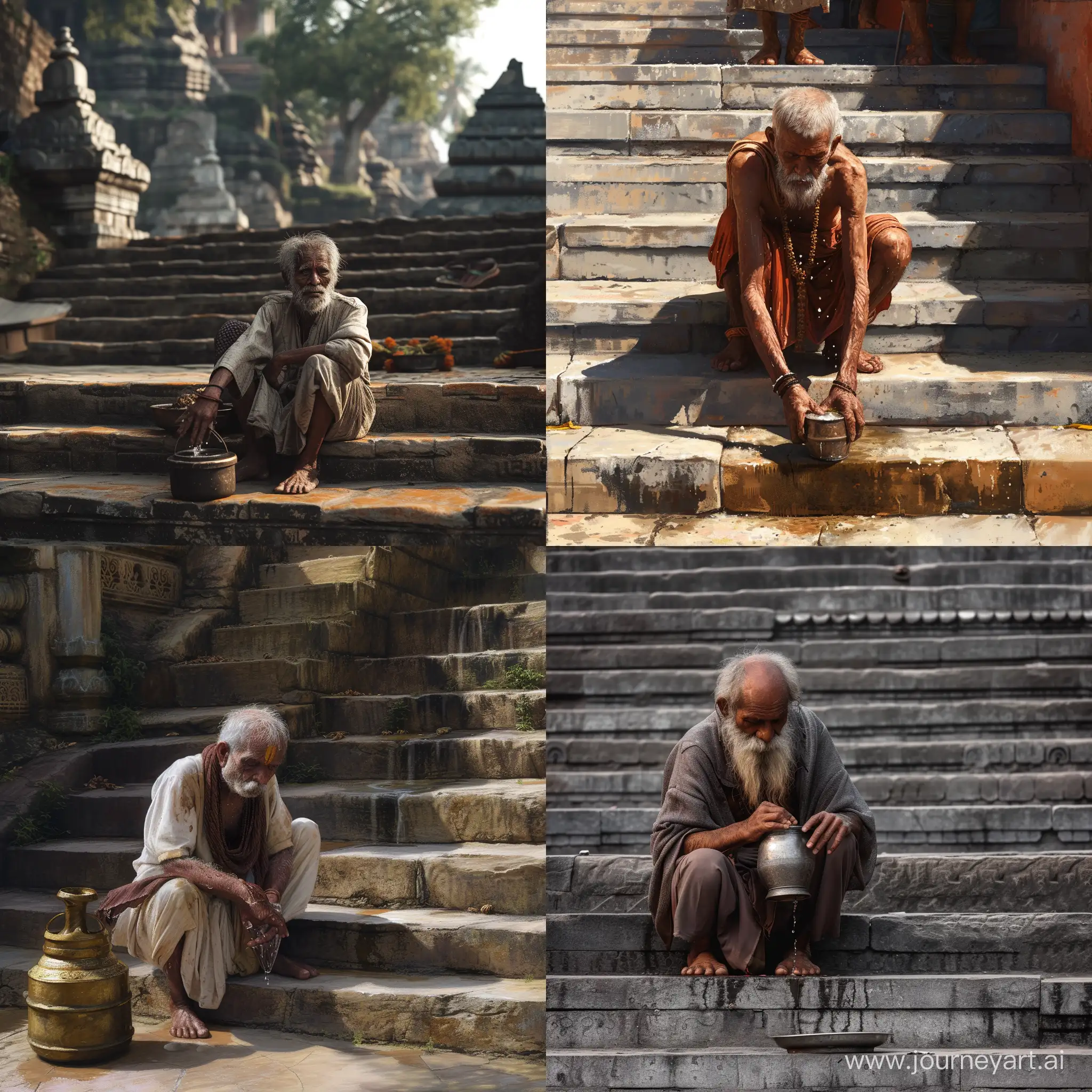 A old poor man begging for water in a temple stairs Detailed 8k realistic