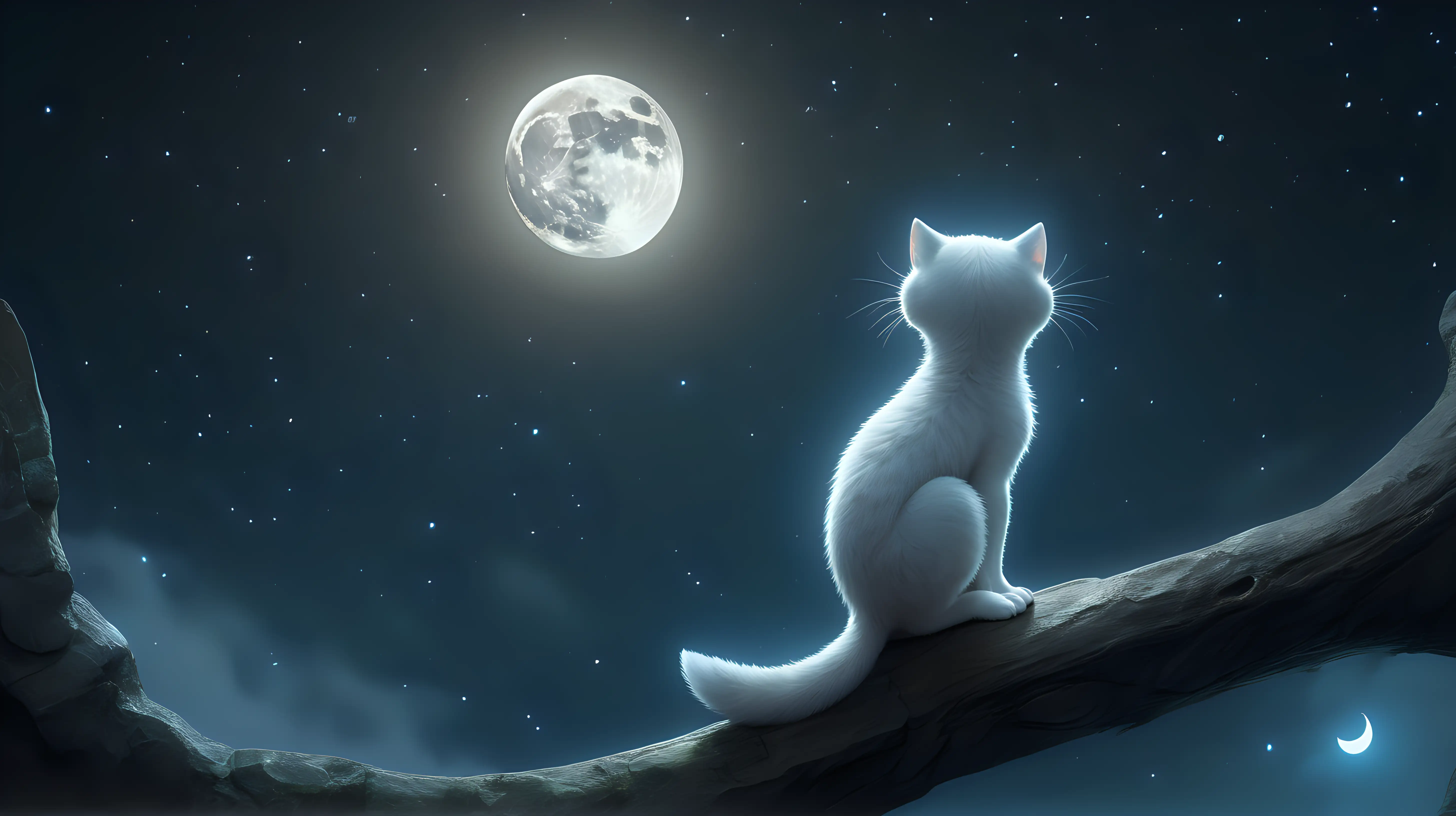 A tiny, mysterious being with luminous eyes, gazing up at a shimmering full moon in awe.