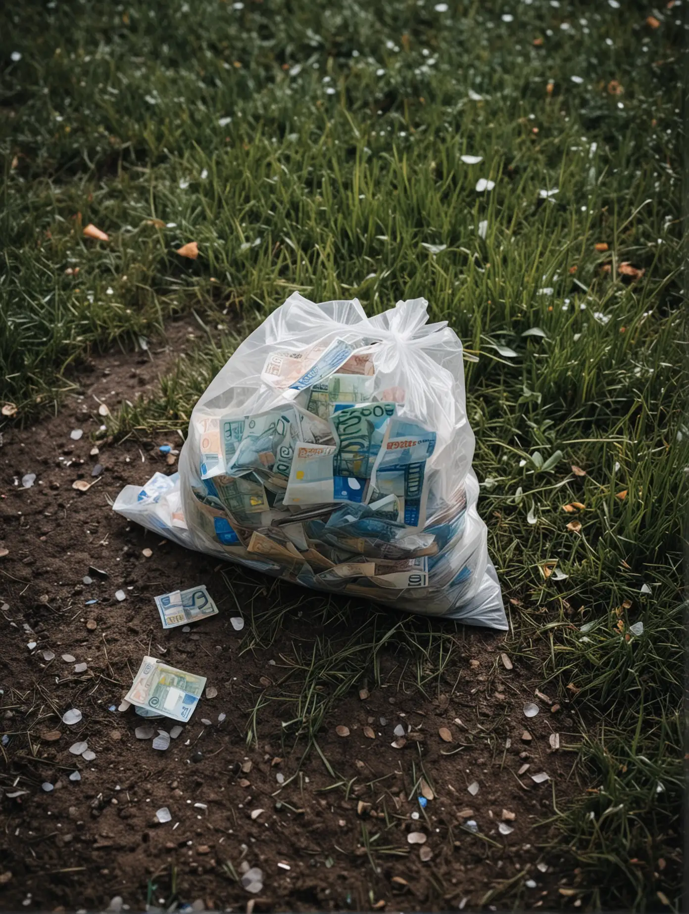 ambiance tropical glauque de nuit,
un sac plastique  rempli de petits billets d'euros pausé sur le sol avec un peu d'herbe