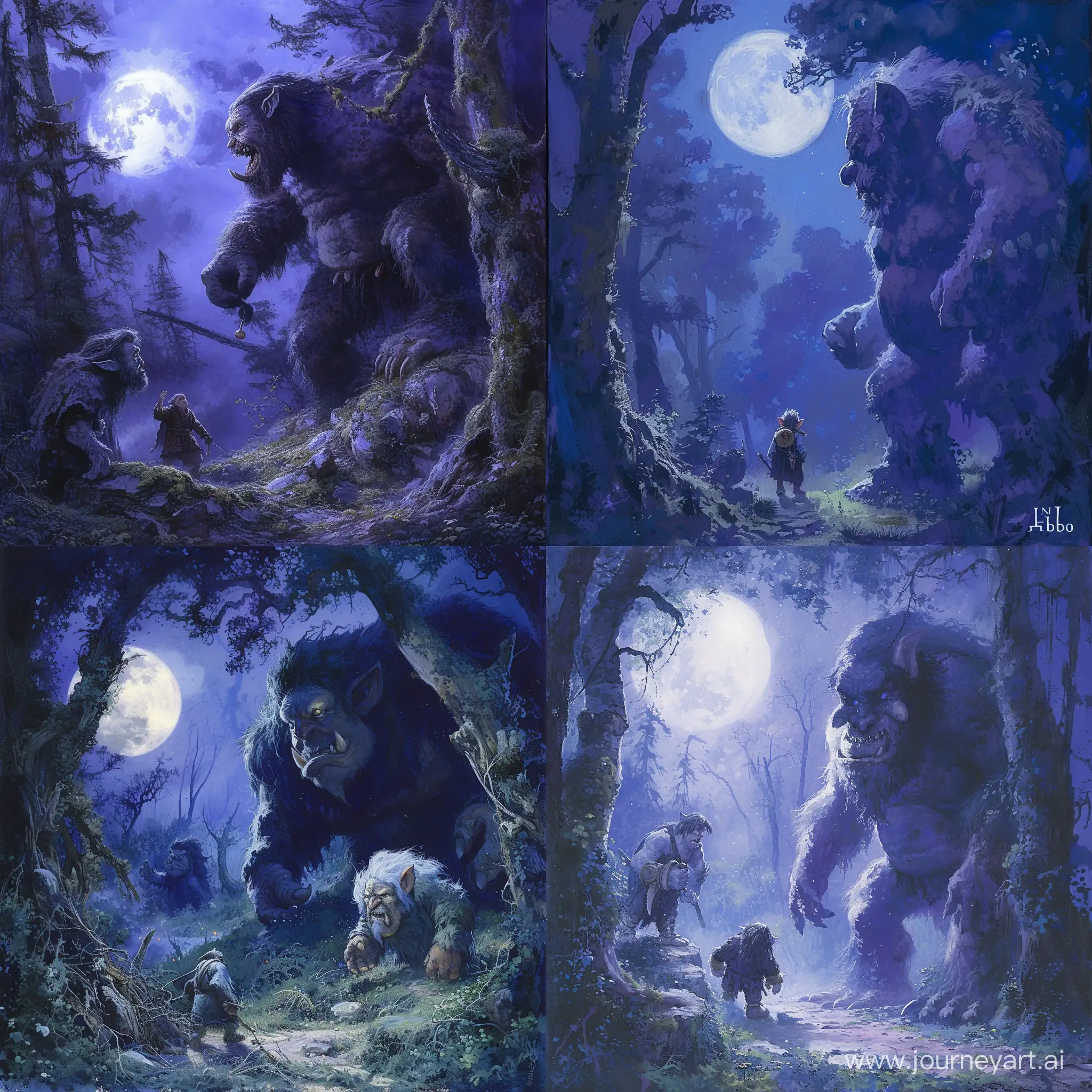 Encounter with Trolls, . A moonlit, forested scene with oversized, brutish trolls and a diminutive, stealthy Bilbo. The palette is duskyâpurples and bluesâcreating a nocturnal atmosphere. The composition blends danger and humor, with a tense yet playful mood.  IN the style of John Howe.