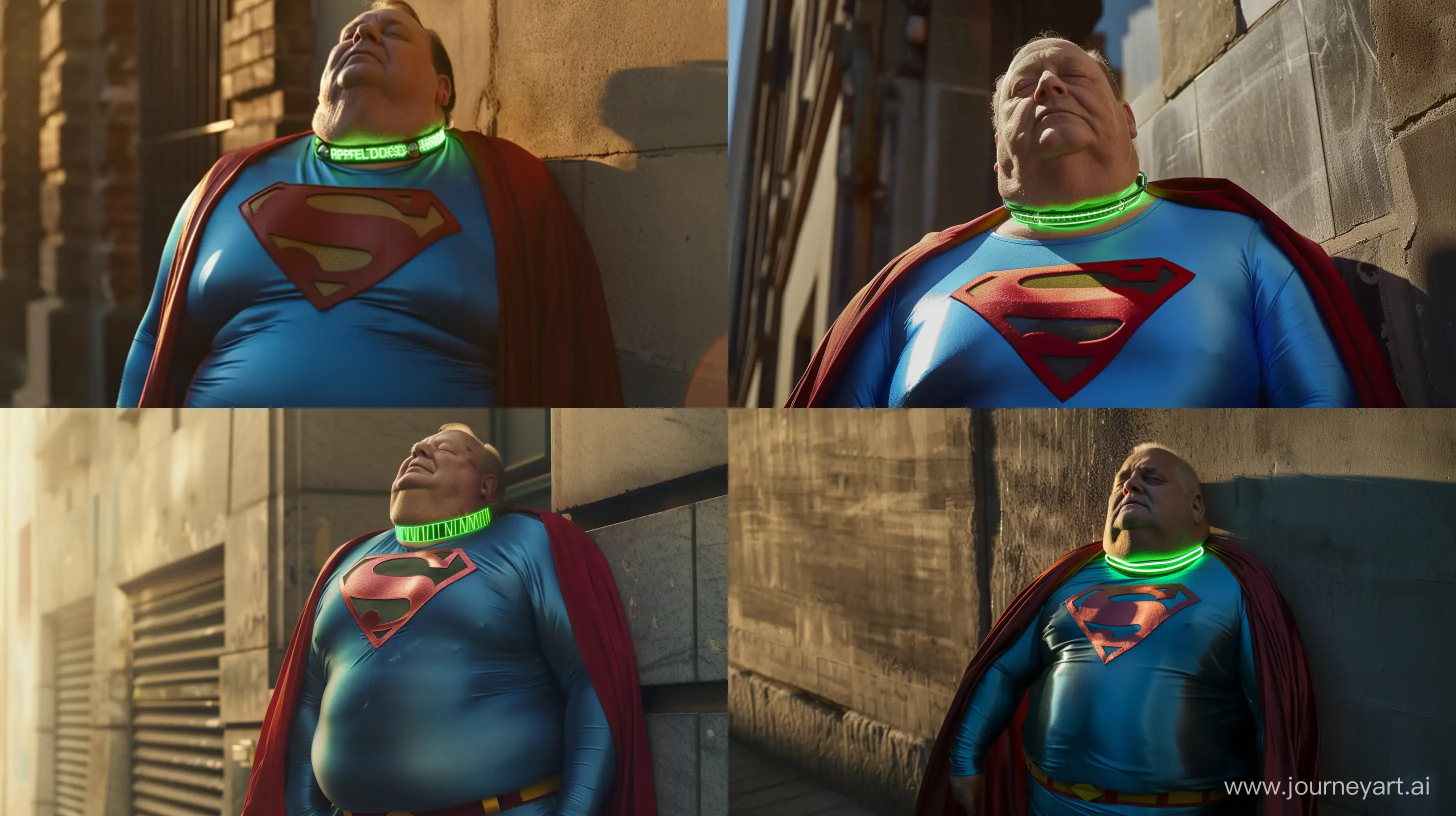 Front view close-up photo of a fat man aged 60 wearing a silk blue superman tight costume with a big red cape and a tight green glowing neon dog collar. Sleeping standing up against a wall. Outside. Natural bright light. --style raw --ar 16:9