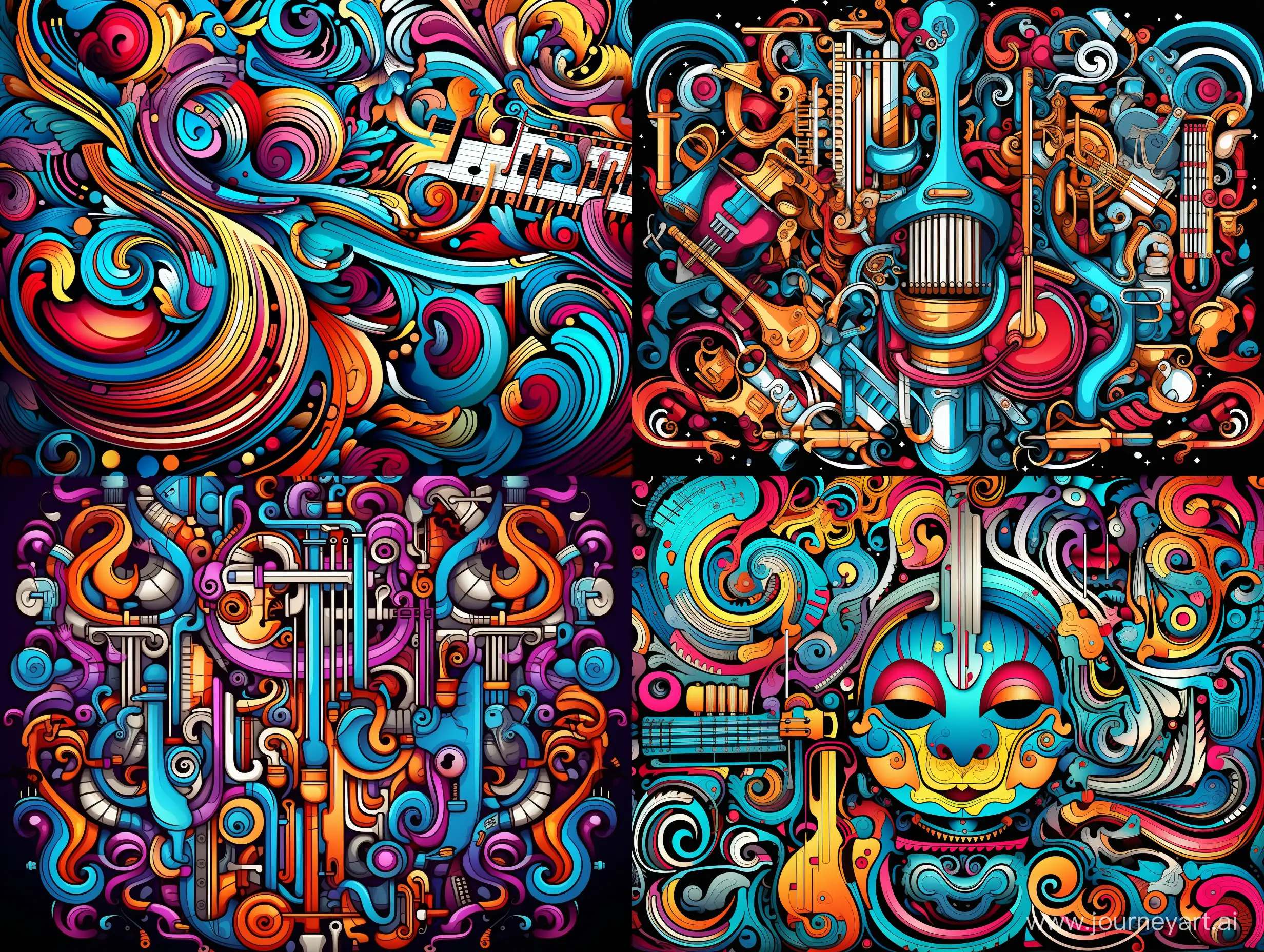 ornamental pattern with musical key, notes, reflect vertically, horizontally, many details, complex colors, caricature, pop art style