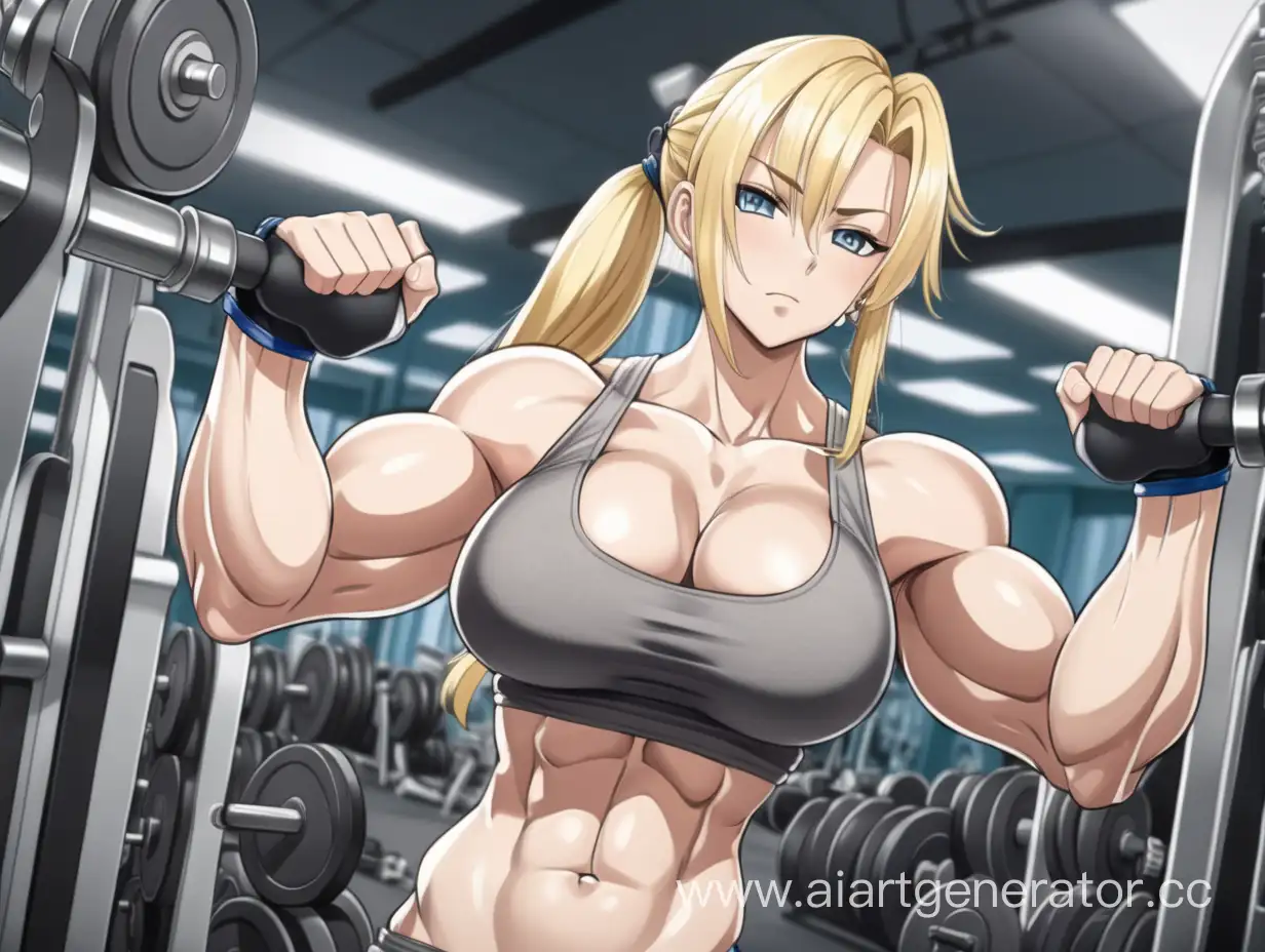 Мускулистая аниме-девушка блондинка с большой грудью , выступающим прессом , широким животом и большими мышцами занимается в спортзале в полный рост
